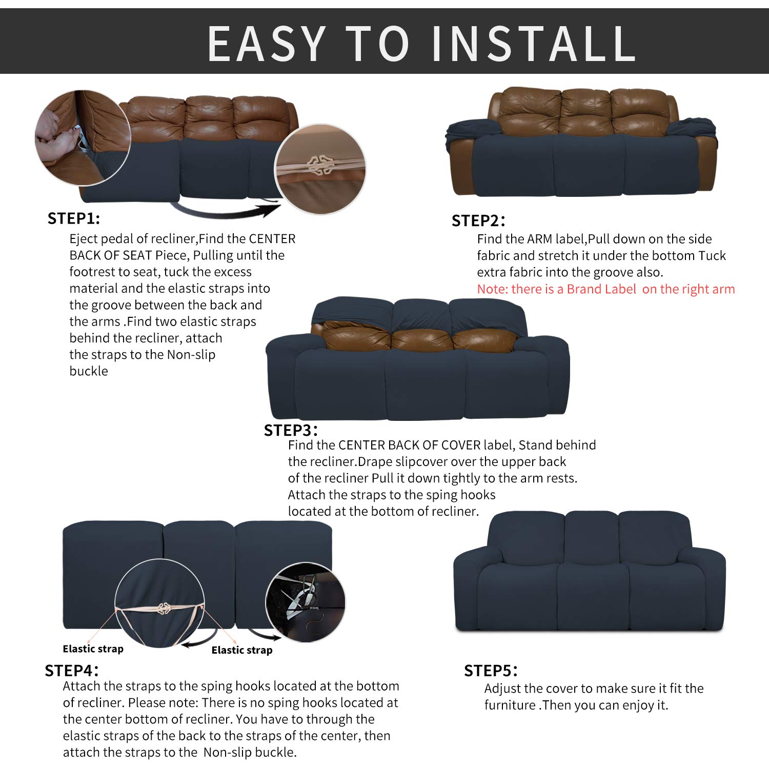 8-Piece Recliner Sofa Slipcover Set - Stretchable Jacquard Fabric with Elastic Bottom - Dark Blue Checkered Pattern - Furniture Protector for Couches, Chairs & Sectionals - Perfect for Pets, Kids & Everyday Use