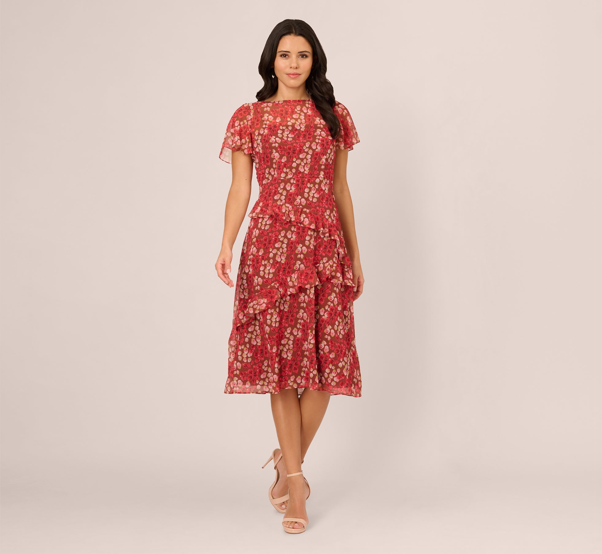 Flutter Sleeve Boat Neck Floral Chiffon Midi Dress - Women's Elegant Summer Dress with Flowy Fabric in Mocha Multi Color | Perfect for Beach Vacations, Garden Parties & Date Nights