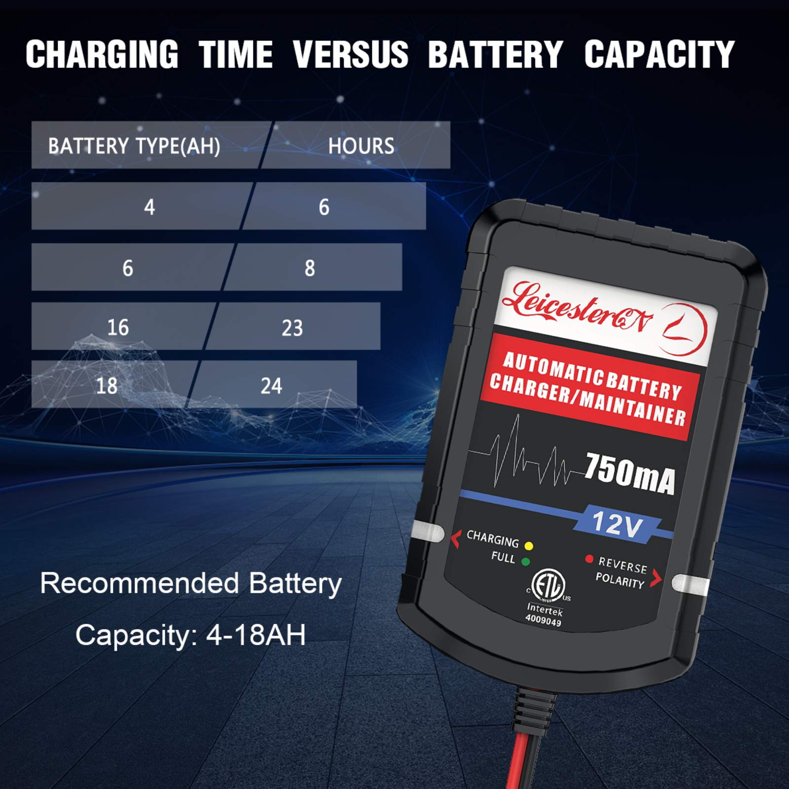 LEICESTERCN 12V 750mA Smart Battery Charger for Car, Motorcycle, Boat - Auto Maintenance & Long Storage