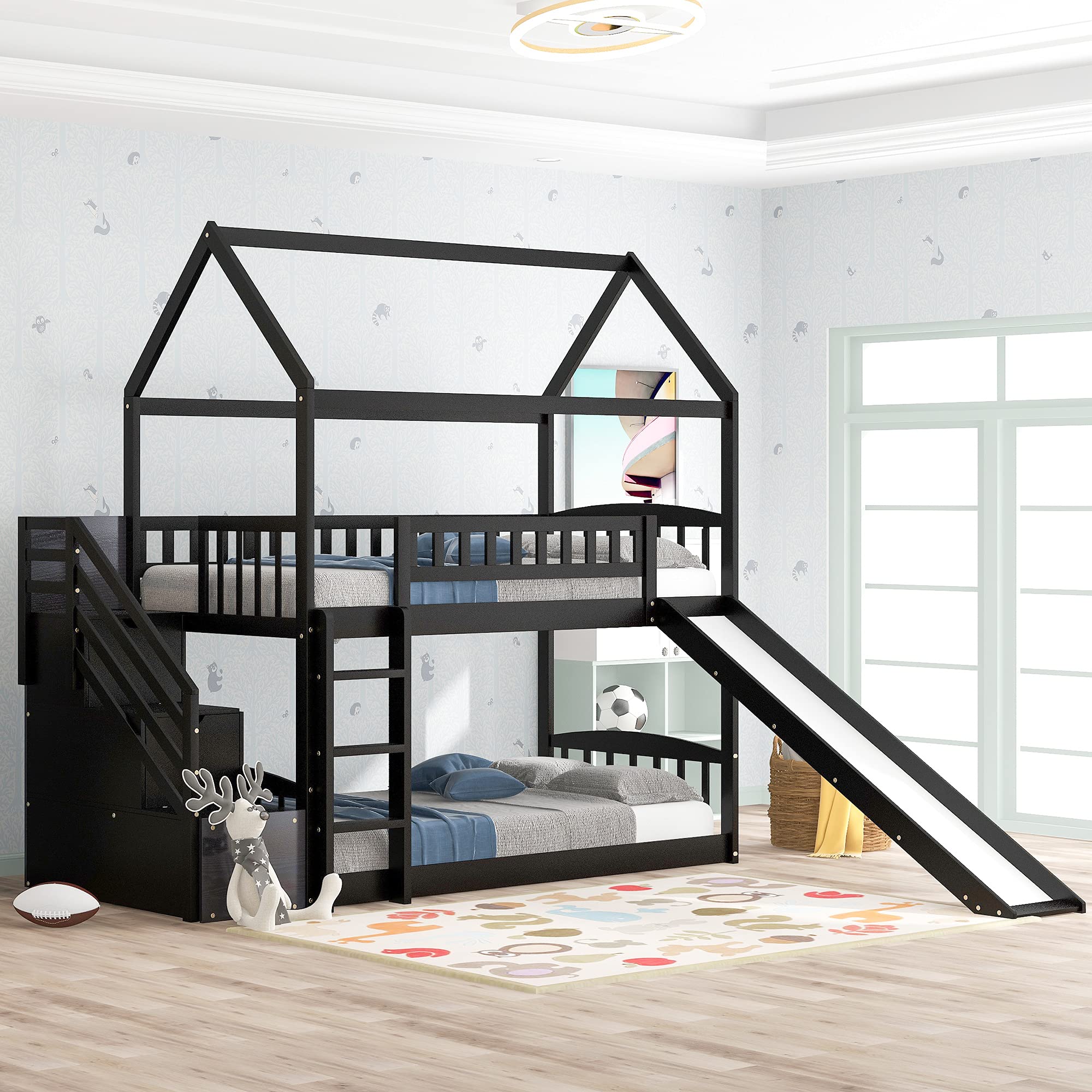 Twin Over Twin Wooden House Bunk Bed with Slide, 2 Drawers, Roof & Guardrails - Kids/Teens Bedroom Furniture, No Box Spring Needed (Espresso) - Perfect for Space-Saving Kids Rooms, Sleepovers & Play Areas