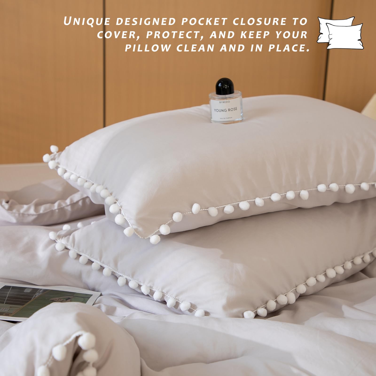 Boho King Comforter Set - Soft Beige Bedding with Pom Fringe for Farmhouse Style Bedrooms