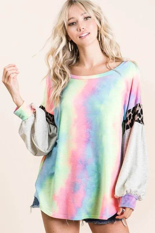 Bibi Tie Dye Terry Top with Contrast Puff Sleeves in Pastel Colors | Women's Fashion Tunic | Casual Wear & Summer Outfits