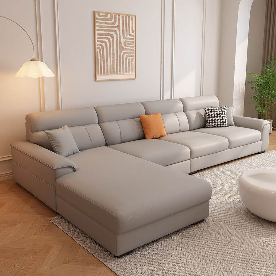 Modern L-Shaped Leather Upholstered Sectional Sofa with Chaise Lounge and Concealed Support - Perfect for Living Room, Home Theater, and Office Lounge Spaces