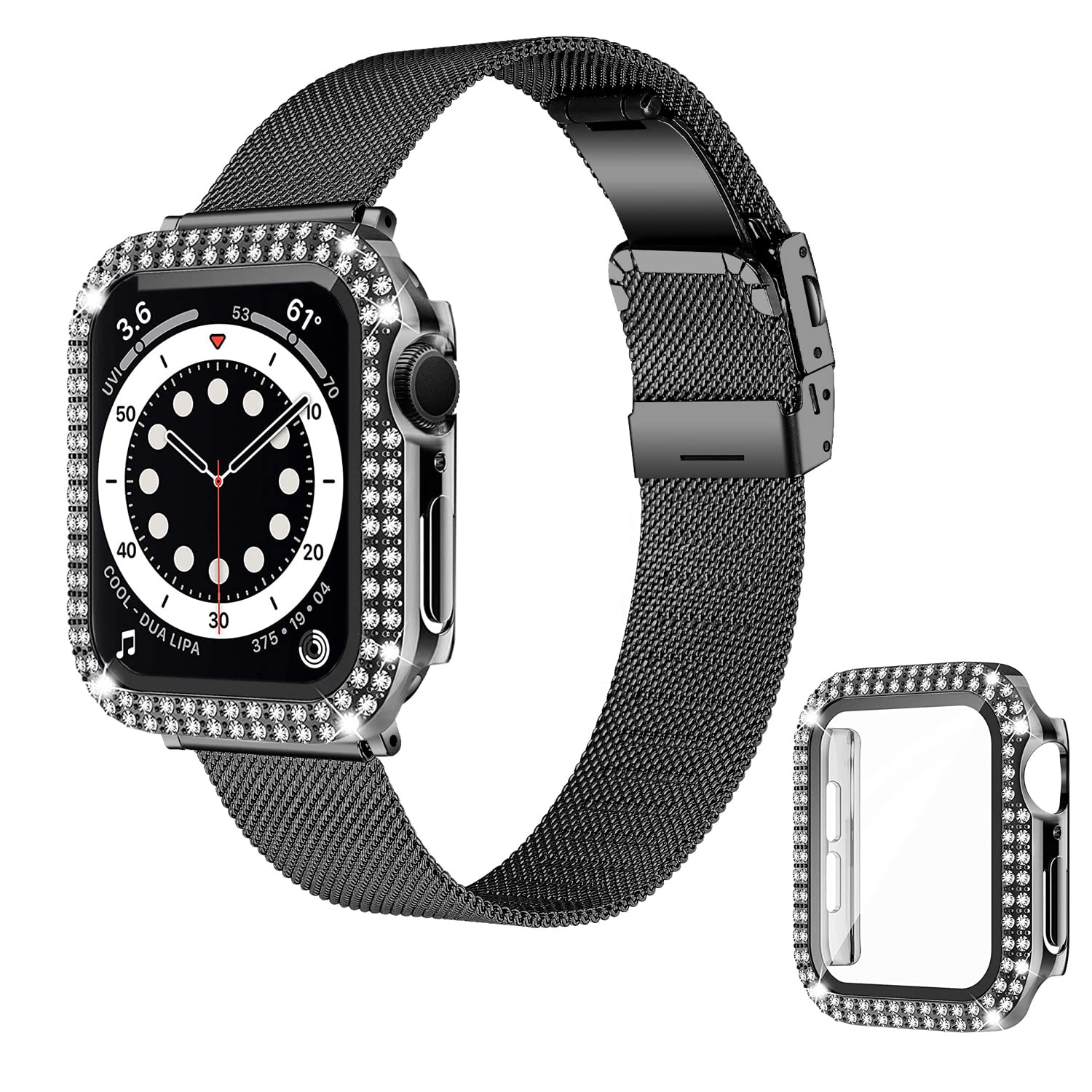 SANXIULY Stainless Steel Mesh Apple Watch Band with Case - Compatible with Apple Watch Series 6/5/4/3/2/1/SE 38mm 40mm 42mm 44mm - Elegant Bling Design for Women | Perfect for Work, Gym & Special Occasions