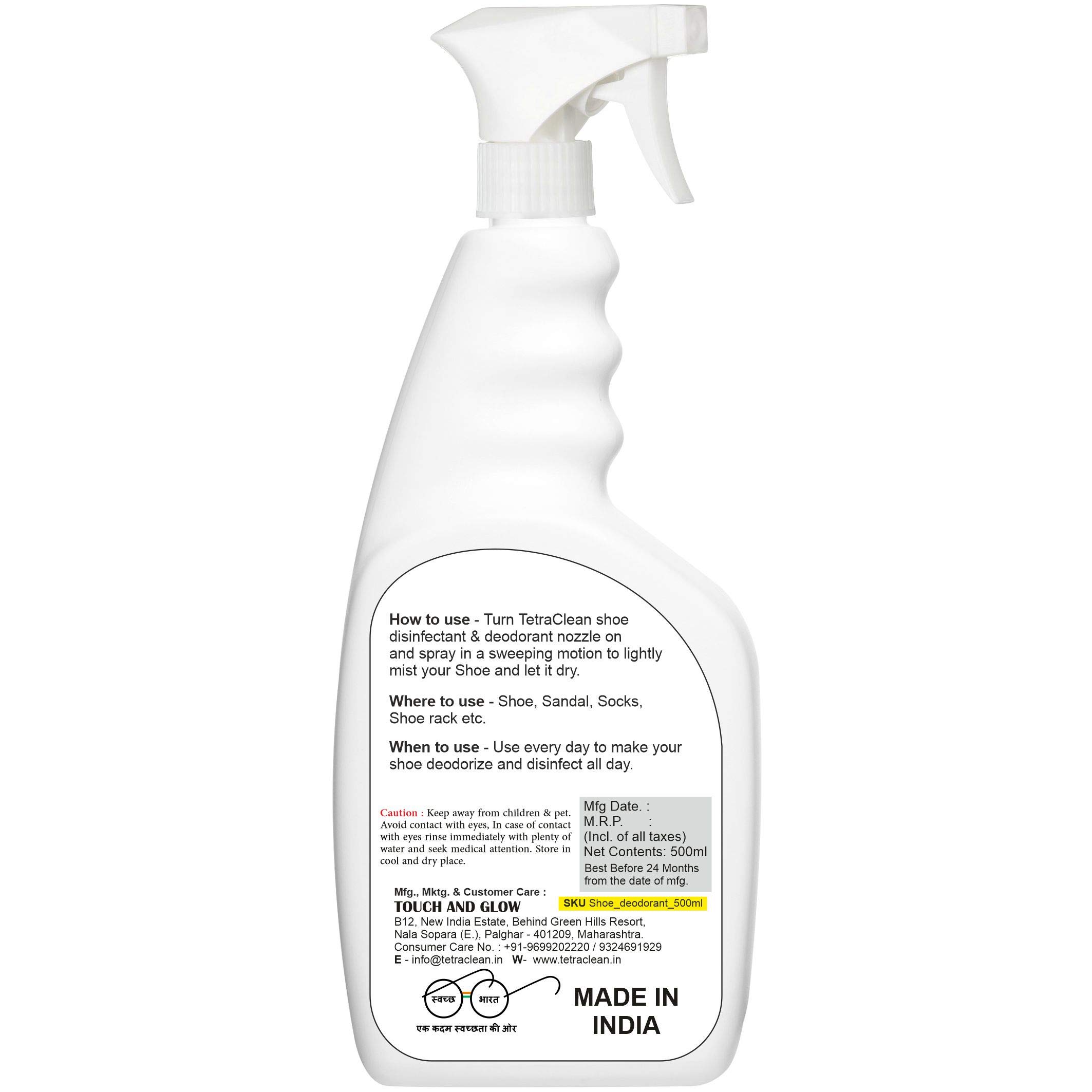 Tetraclean Shoe Deodorizer & Disinfectant Spray - Eliminates Odor & Bacteria for Shoes, Socks & Shoe Racks | 500ml Fresh Scent | Ideal for Gym Shoes, Work Boots & Sports Gear | Home & Commercial Use