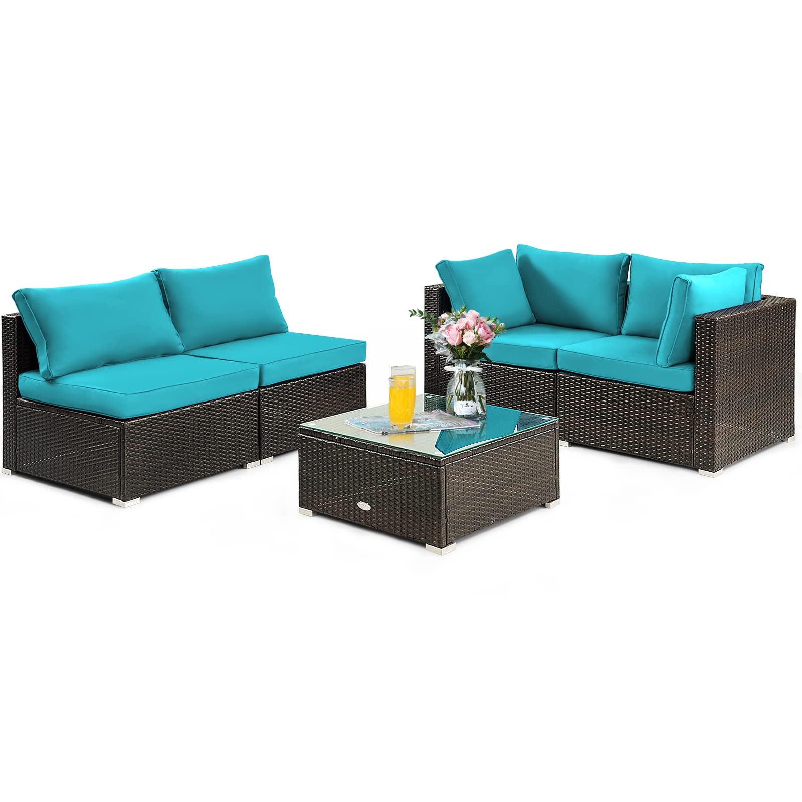 RELAX4LIFE 5-Piece Outdoor Patio Furniture Set - Wicker Sectional Sofa with Tempered Glass Coffee Table, Weather-Resistant Cushions & Throw Pillows - Turquoise Rattan Conversation Set for Backyard, Deck, Poolside or Garden Relaxation