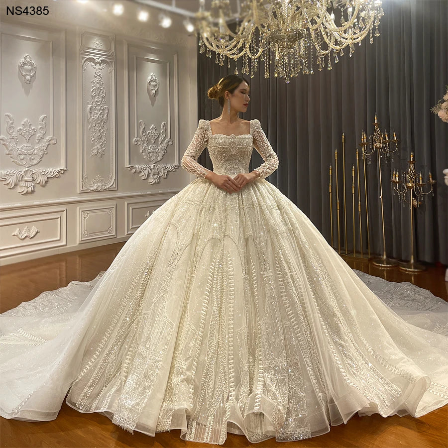 Elegant Fantasy Square Neck Long Train Ball Gown Wedding Dress - Perfect for Bridal, Prom, Formal Events & Special Occasions