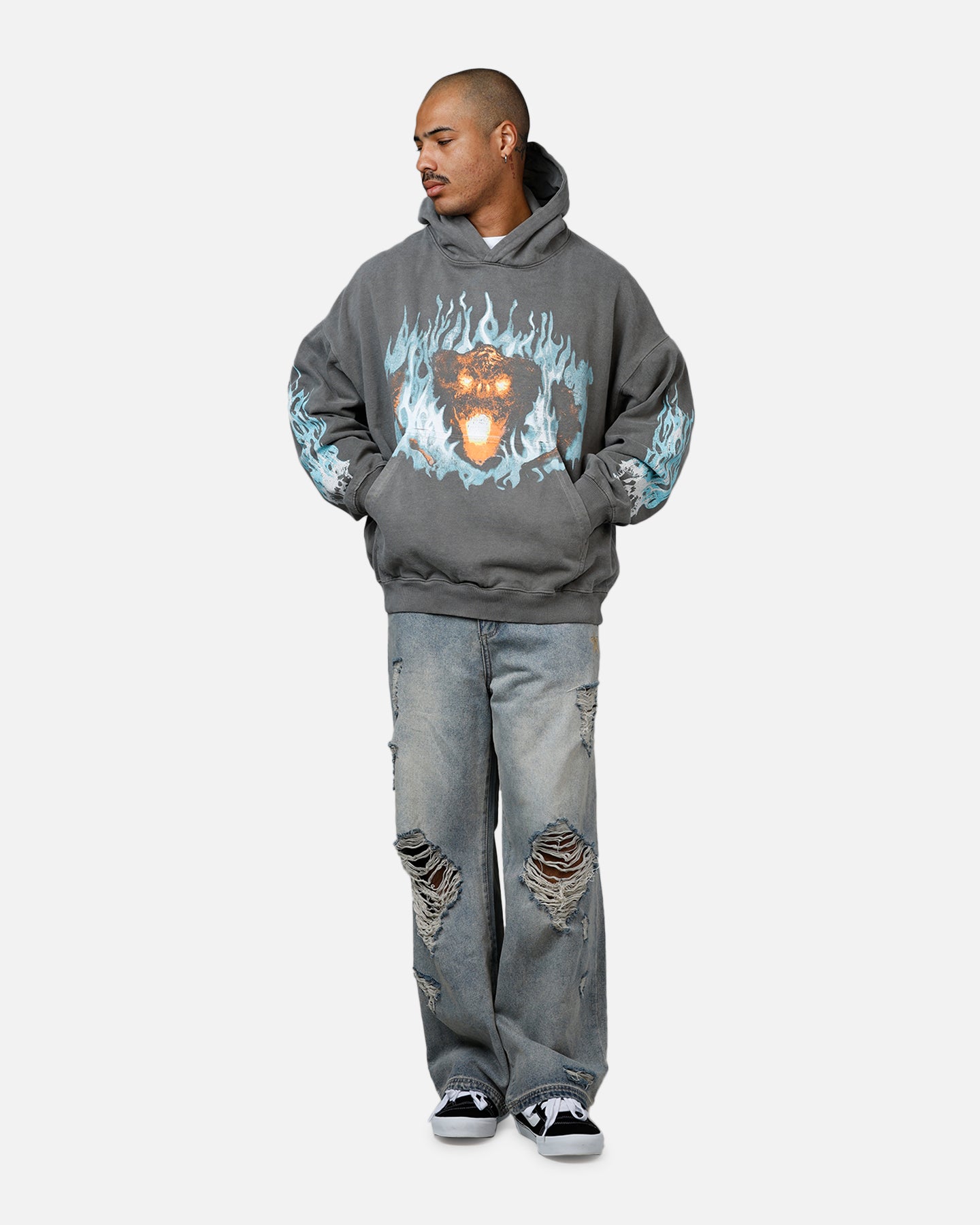 Premium Lord of The Rings The Balrog Hoodie - Washed Charcoal - American Thrift - Cozy Fantasy Fandom Sweatshirt for Movie Nights & Geek Culture
