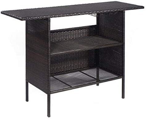 Premium Outdoor Rattan Bar Table with 2 Steel Wicker Storage Shelves & Cup Holders - Patio, Garden, Balcony, Poolside Lounge Furniture for Drinks & Entertaining