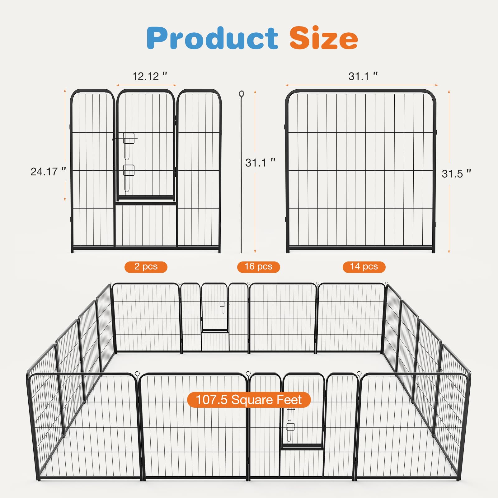 Sweetcrispy 16-Panel Foldable Metal Dog Playpen with Door - Indoor/Outdoor Pet Fence for Small Medium Large Dogs, Puppy Exercise Pen for Yard, Camping, RV, Travel - 32