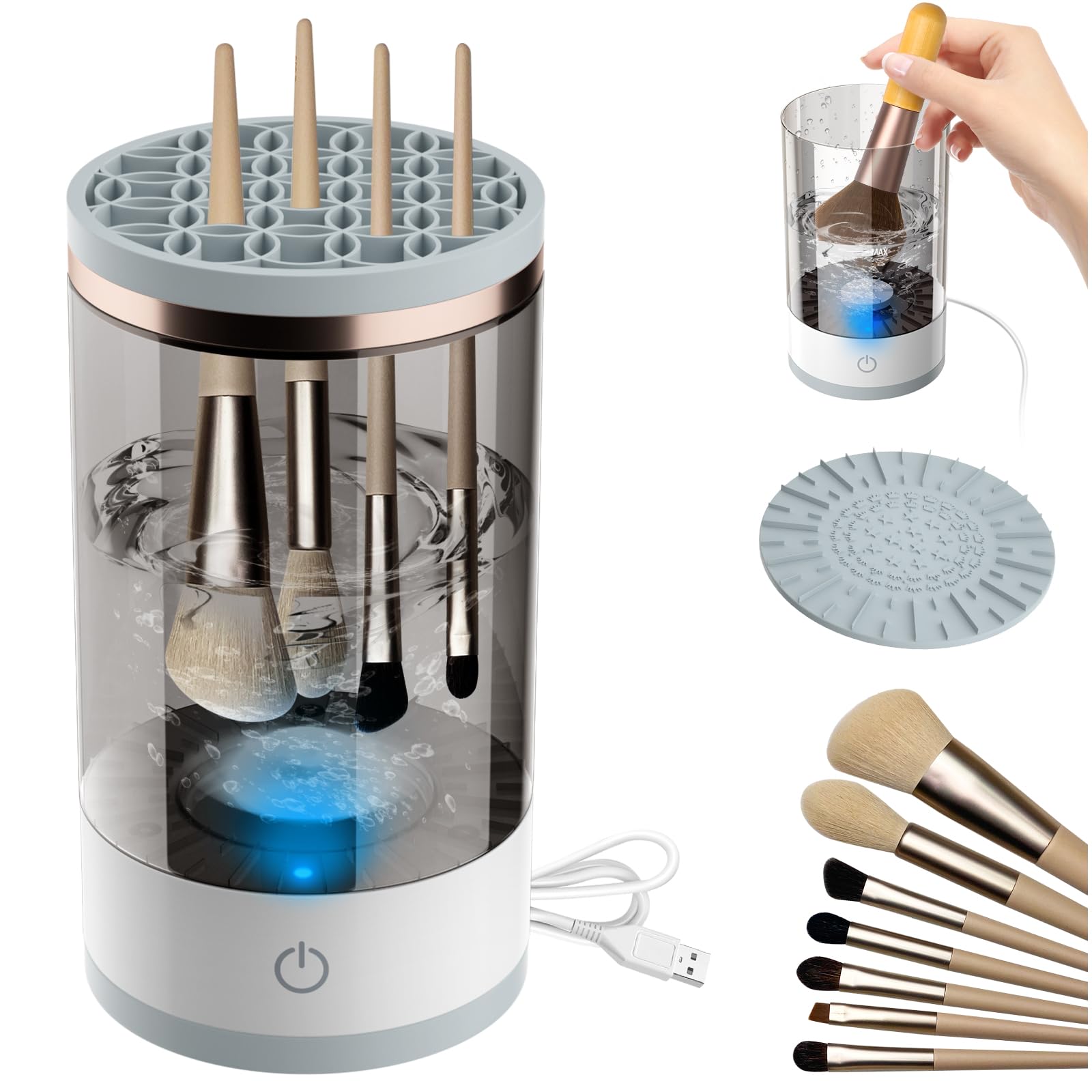 Electric Makeup Brush Cleaner with Cleaning Mat - Automatic Spinning Cosmetic Brush Cleaner for All Brush Sizes | Fast & Gentle Cleaning for Foundation, Blush, Eyeshadow & More | Perfect for Home & Professional Makeup Artists