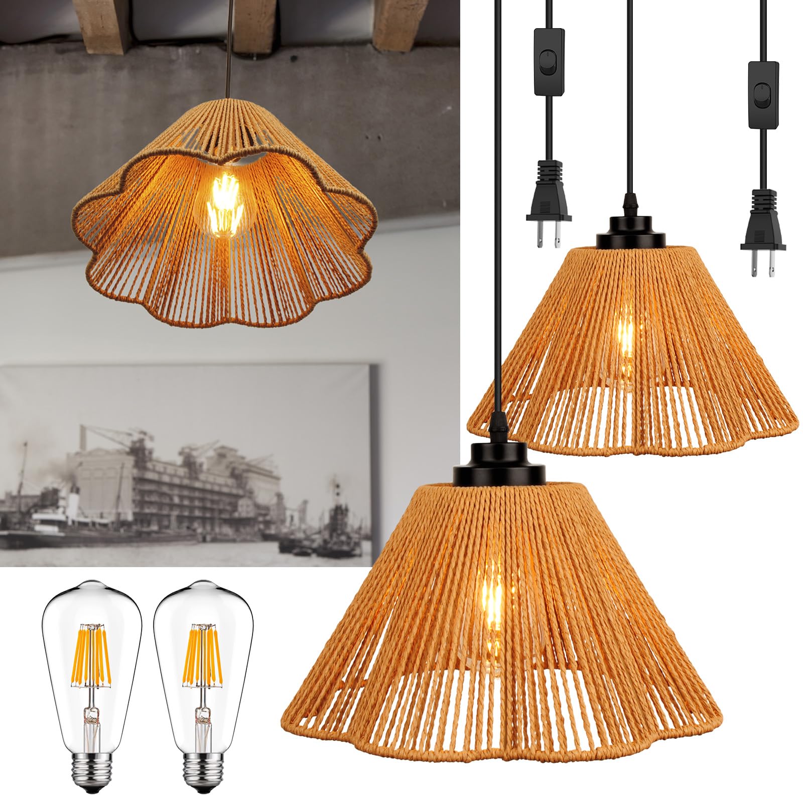 Handwoven Rattan Plug-in Pendant Light with Wicker Woven Lampshade (Includes Bulb) - 2-Pack Brown Hanging Lights with Cord - Boho Ceiling Fixture for Living Room, Kitchen, Bedroom & Dining Area - Perfect for Farmhouse, Coastal & Modern Decor