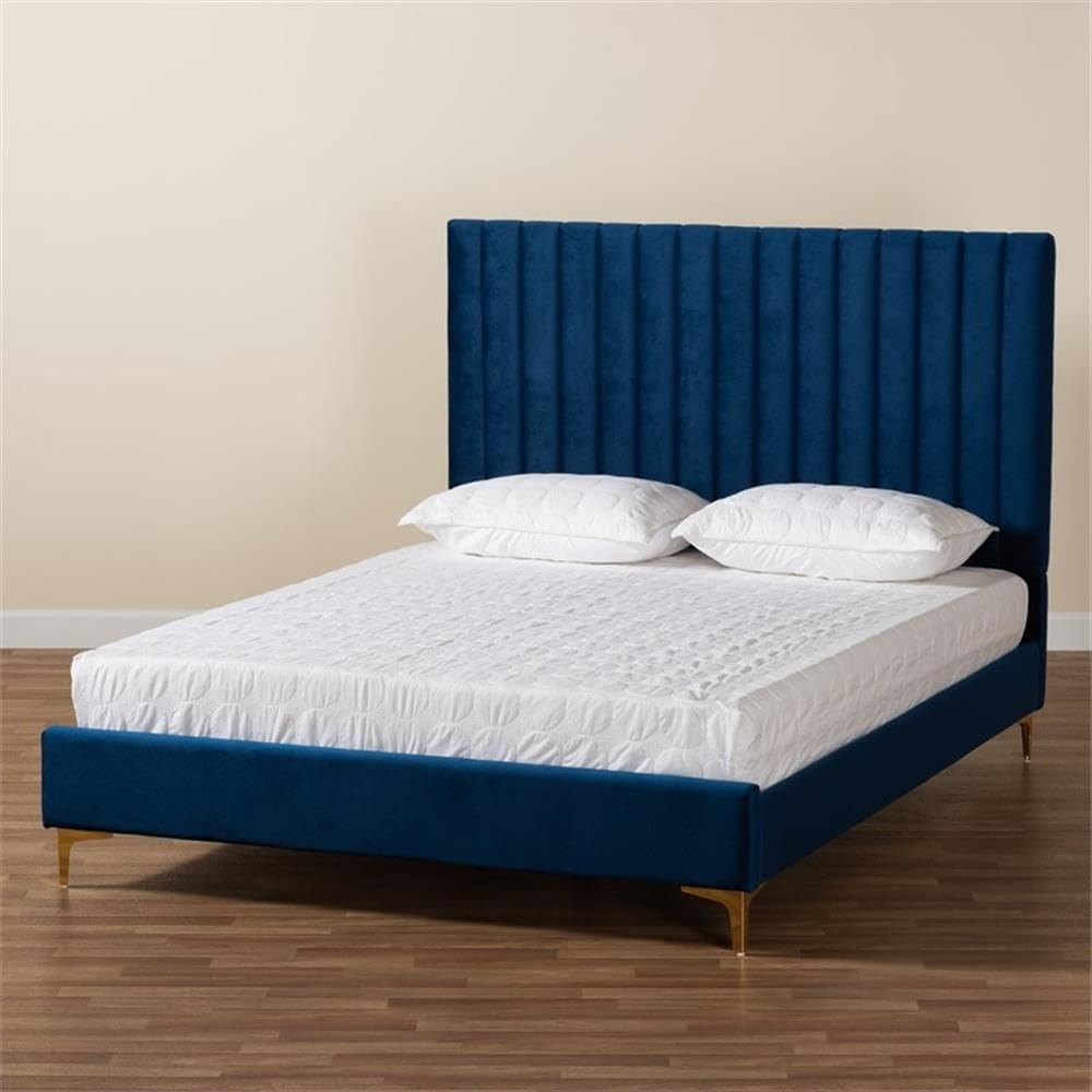 Baxton Studio Serrano Contemporary Queen Size Platform Bed - Navy Blue Velvet Upholstery with Gold Metal Frame | Luxurious Bedroom Furniture for Modern Home Decor