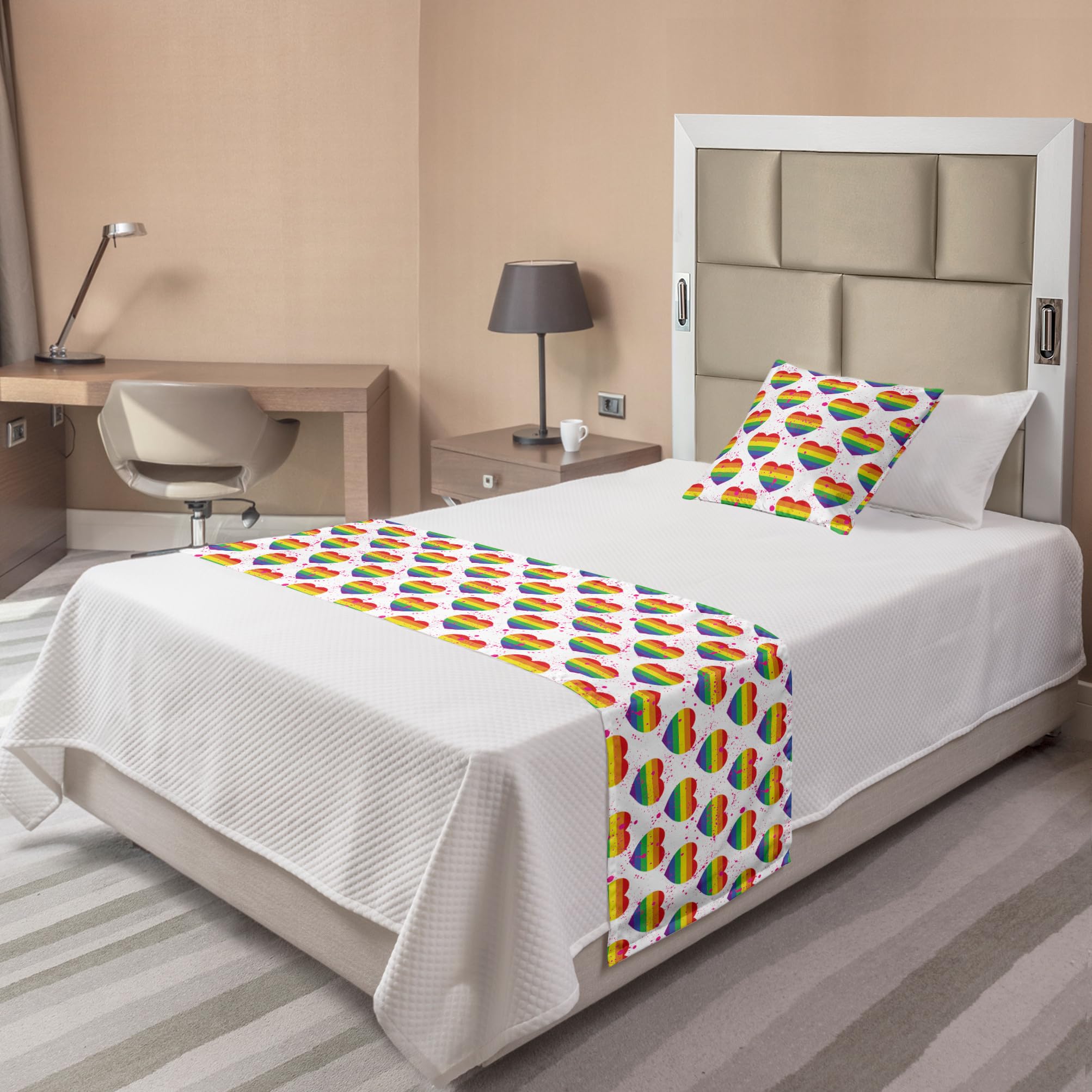 Ambesonne Pride Day Bed Runner Set - LGBT Rainbow Hearts Valentine's Watercolor Pattern, Decorative Bed Scarf & Pillow Sham for Twin Beds in Hot Pink & Azure Blue | Perfect for Hotels, Homes & Pride Month Decorations
