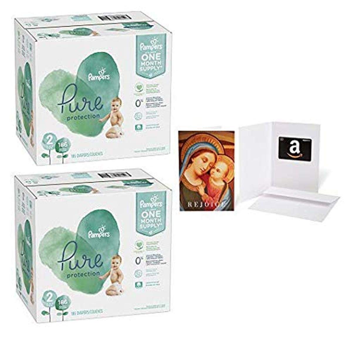Pampers Pure Hypoallergenic Baby Diapers Size 2 (186 Count) - Fragrance Free Disposable Diaper Protection for Sensitive Skin | Perfect for Daycare, Overnight Use & Travel | Includes $20 Amazon Gift Card with Madonna & Child Greeting Card