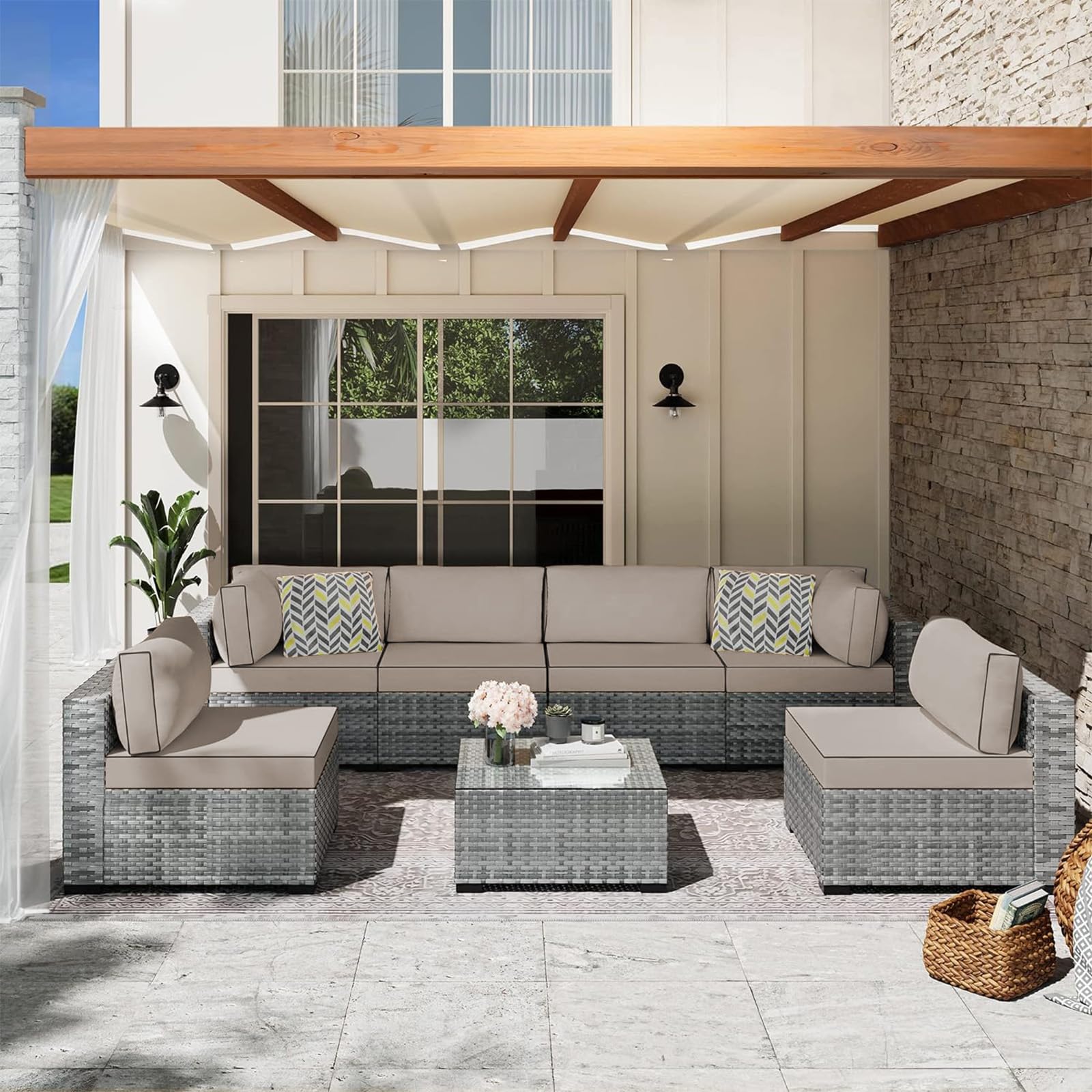 Waterproof Outdoor Cushion Covers Set of 14 - Washable Patio Furniture Covers with Zipper & Ties for Wicker Rattan Sectional Sofa Chairs (Khaki) | Perfect for Backyard, Poolside & Garden Decor