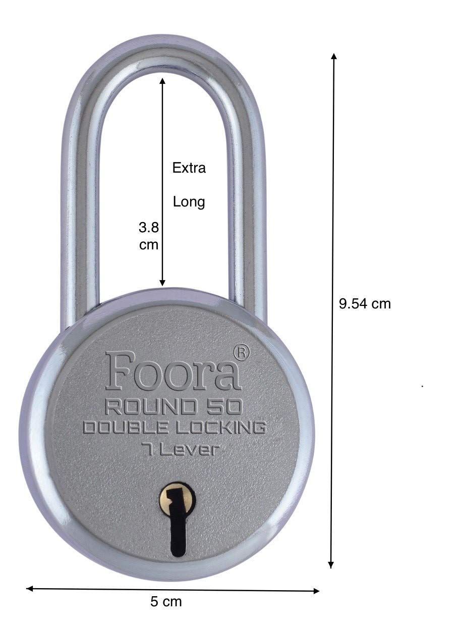Foora 50mm Round Long Neck Shackle Padlock with 5 Keys - Double Locking 7 Lever Security Lock for Home, Gate, Shutter, Shed, Toolbox & Storage - Durable Outdoor & Indoor Use for Enhanced Protection