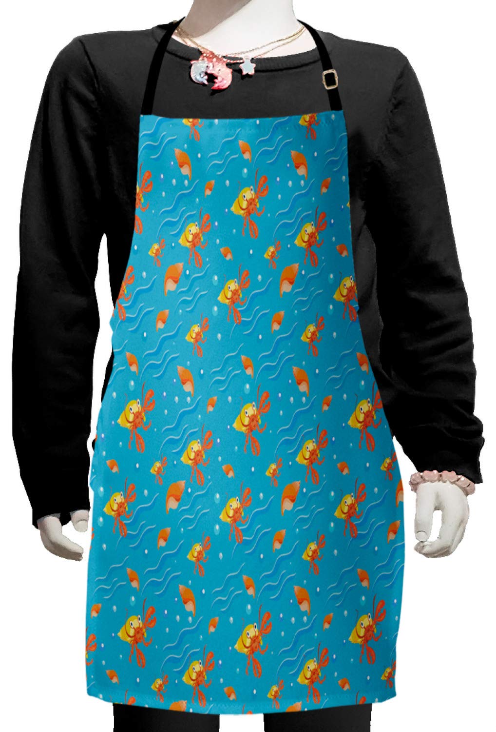 Ambesonne Hermit Crab Apron - Sea Animals Theme with Seashells & Bubbles - Adjustable Ties Bib Apron for Baking, Painting, Cooking - Small Size Deep Sky Blue - Perfect for Kitchen, Art Class & Beach Themed Parties