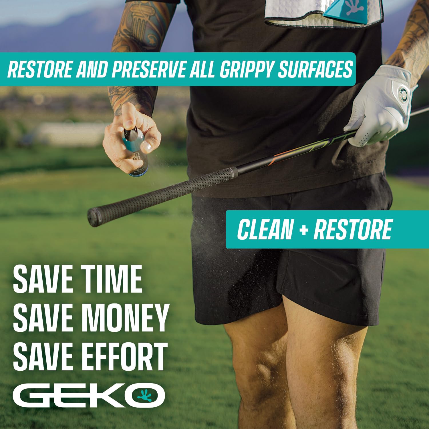 Geko 2 in 1 Grip Restore & Cleaner Spray - Best Sports Grip Enhancer for Golf, Football, Baseball, Basketball, Soccer, Tennis, Pickleball, Volleyball - Removes Dirt, Oil & Restores Traction - Perfect for Game Day, Practice & Outdoor Sports Gear Maintenance