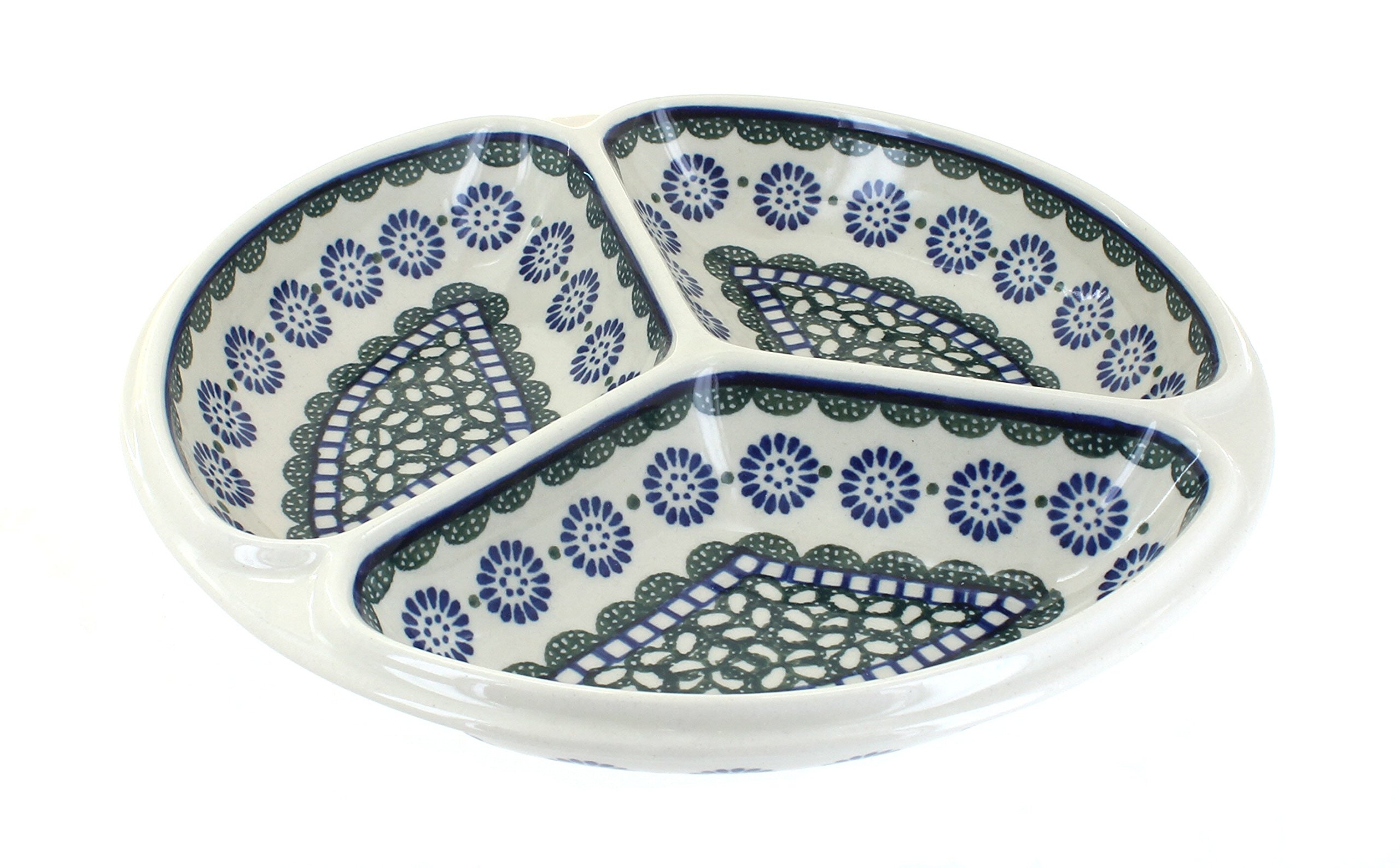 Blue Rose Polish Pottery Maia 3-Part Divided Serving Dish - Elegant Appetizer Platter for Entertaining, Cheese & Charcuterie Display, Party Tray