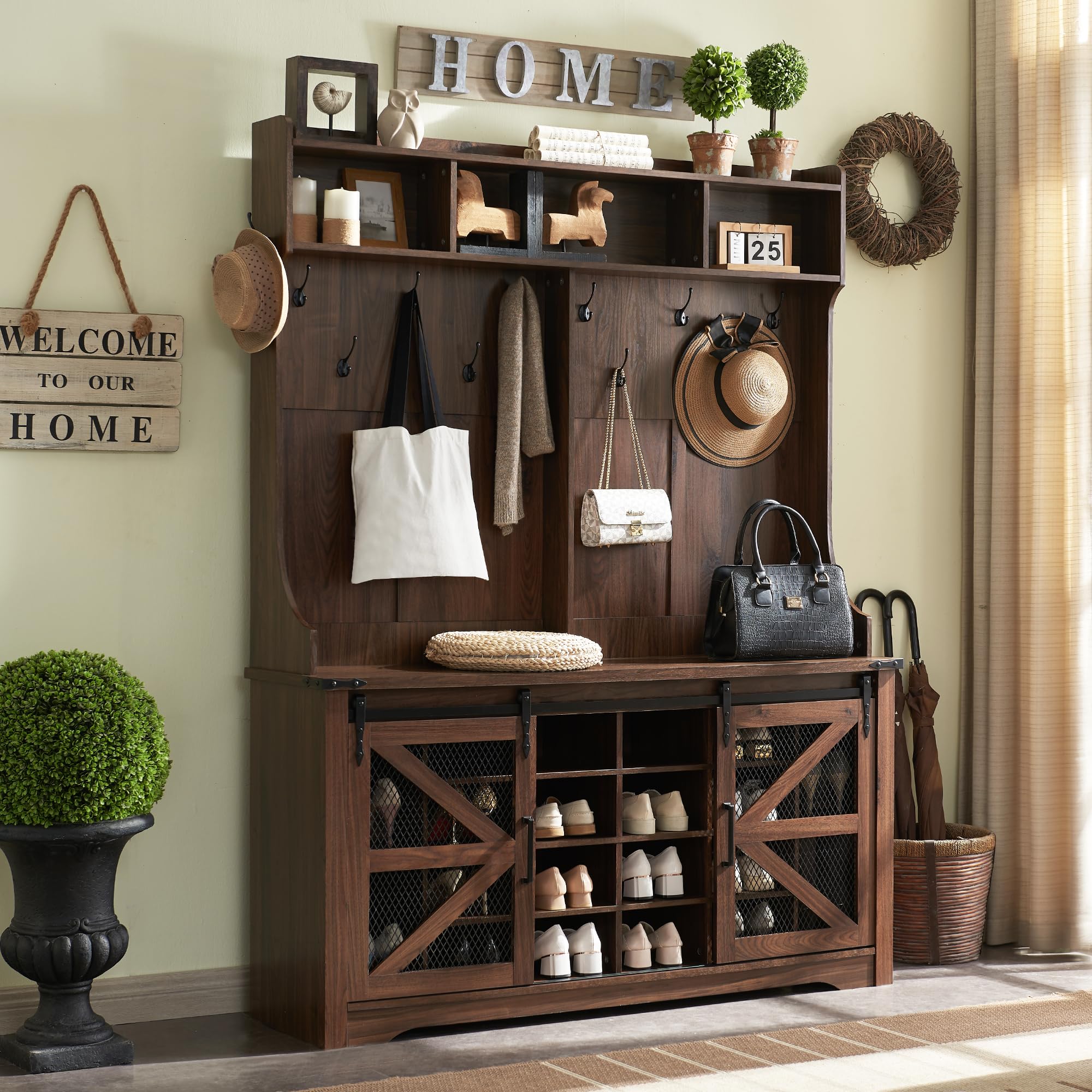 Farmhouse Entryway Bench with Coat Rack - 59