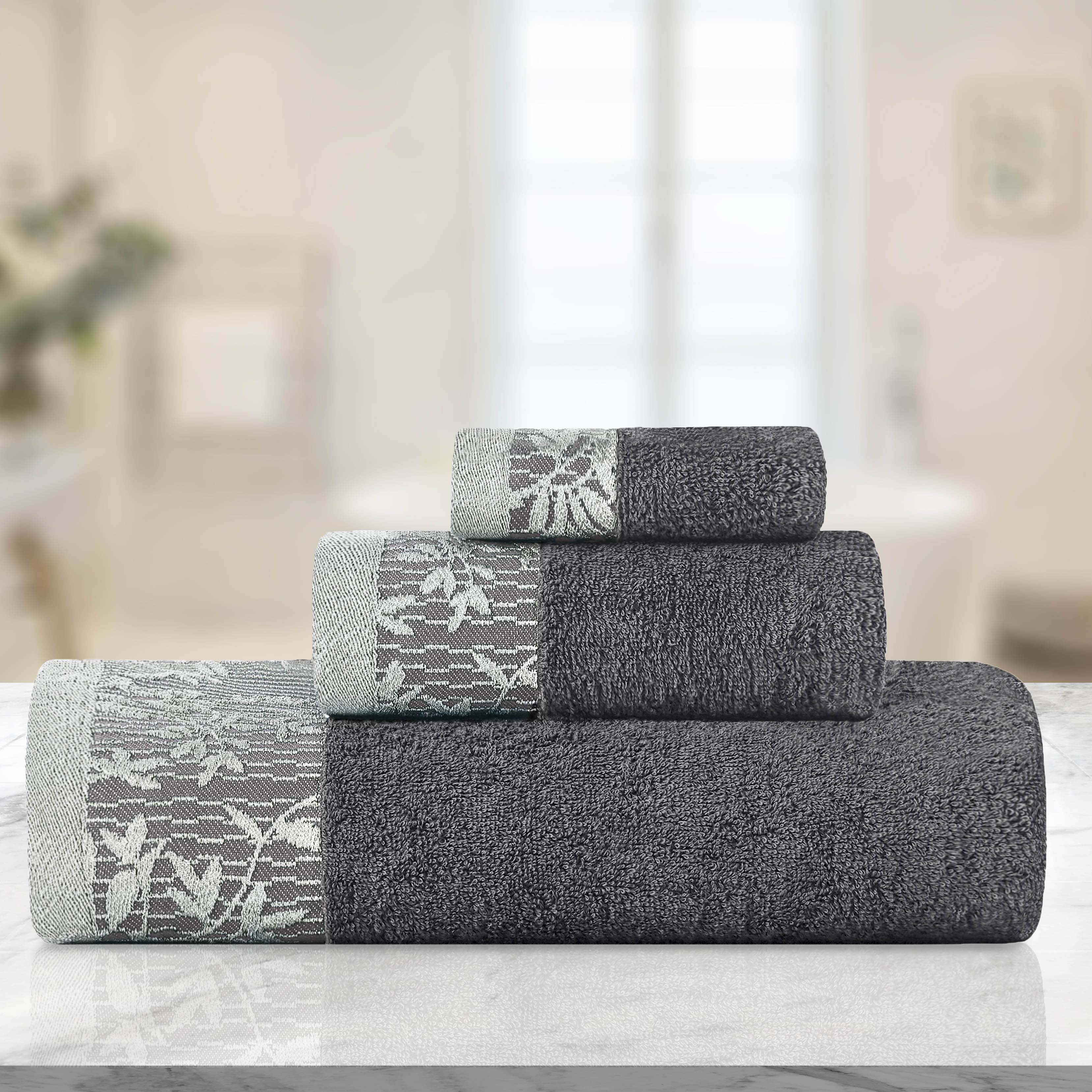 Wisteria Cotton Floral Embroidered Jacquard Border 3-Piece Bath Towel Set - Soft & Absorbent for Bathroom, Spa, and Guest Use