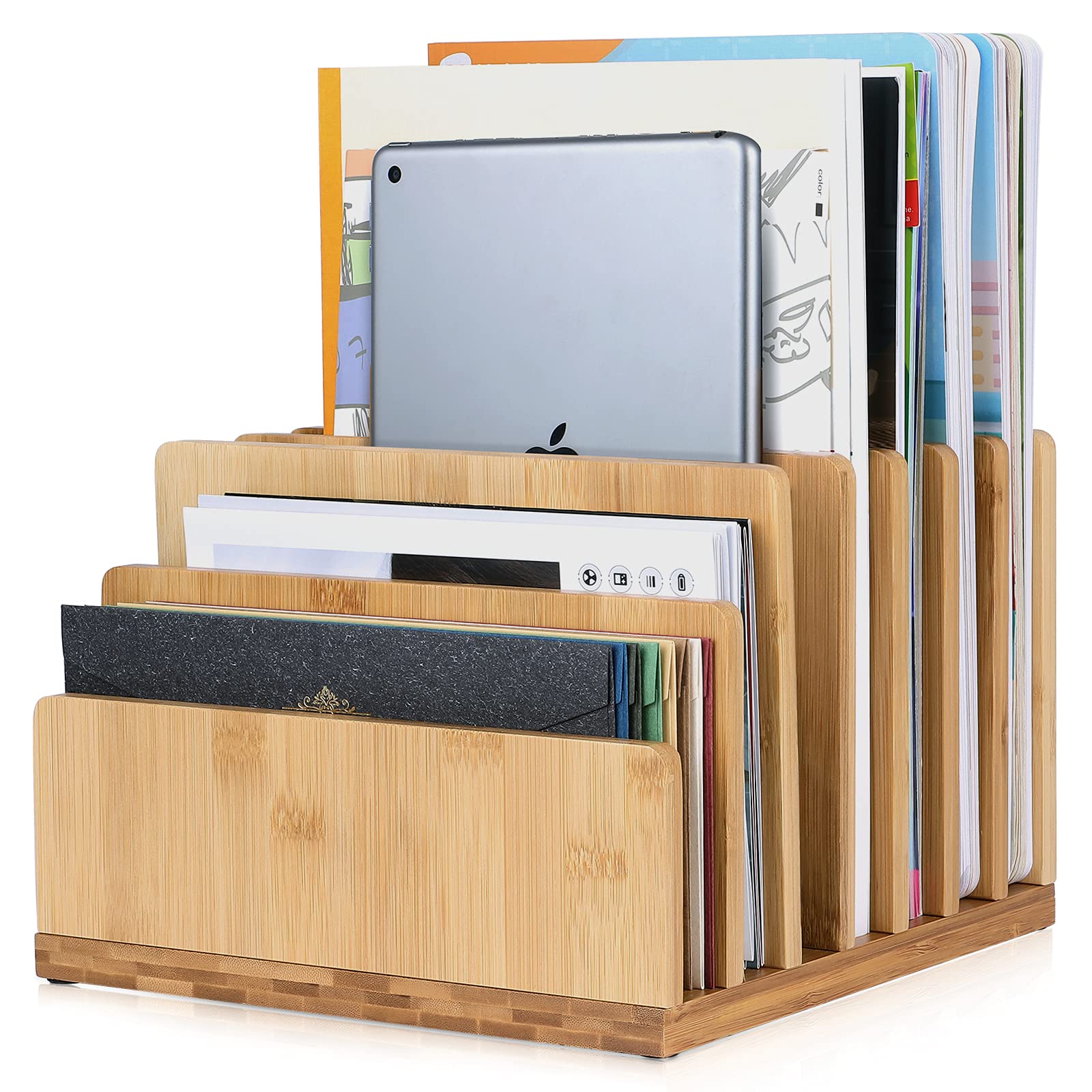 Bamboo Desk Shelf Mail Organizer - 7 Slot Wooden Document Organizer for Office, Home & School | Perfect for Organizing Books, Papers, Bills, Files & Folders | Space-Saving Desk Accessory for Neat Workspace