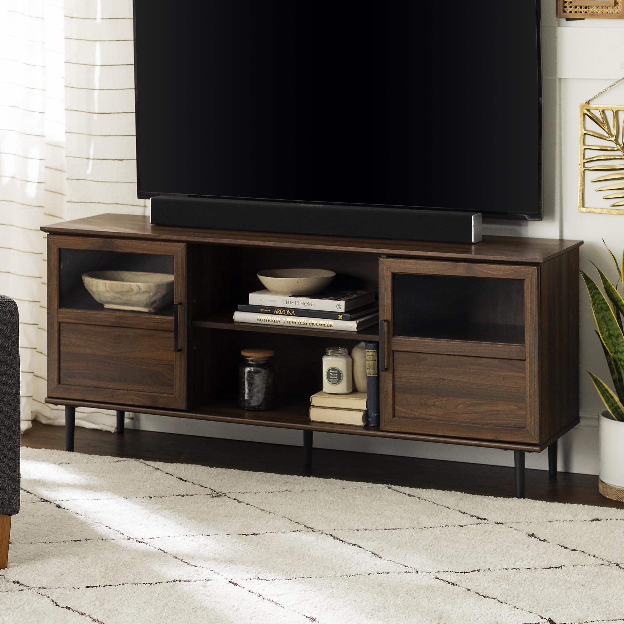 Walker Edison 58 Inch Modern Farmhouse TV Stand with 2 Cabinet Doors - Wood & Glass Entertainment Center for 65