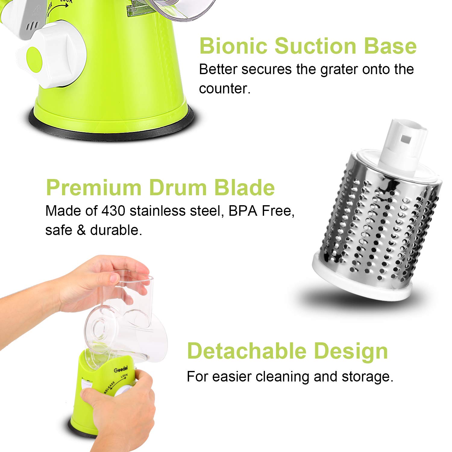 Geedel Rotary Cheese Grater & Vegetable Slicer - 3 Interchangeable Blades for Fruits, Veggies, Nuts - Easy Clean Kitchen Mandoline - Perfect for Salads, Pasta, Pizza & Meal Prep