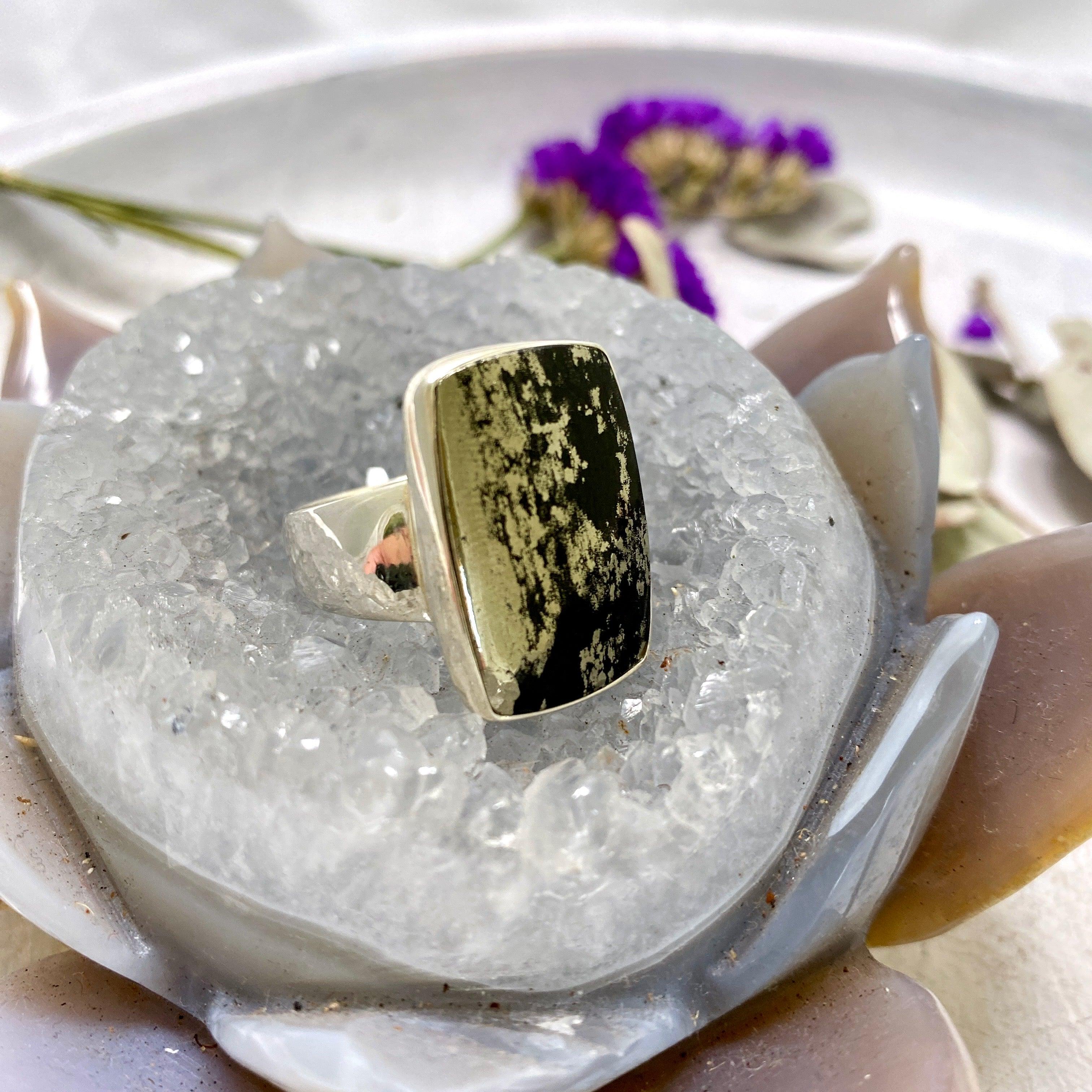 Healer's Gold (Pyrite in Magnetite) Rectangular Ring Size 11 - KRGJ2404 | Spiritual Jewelry for Energy Healing & Chakra Balancing