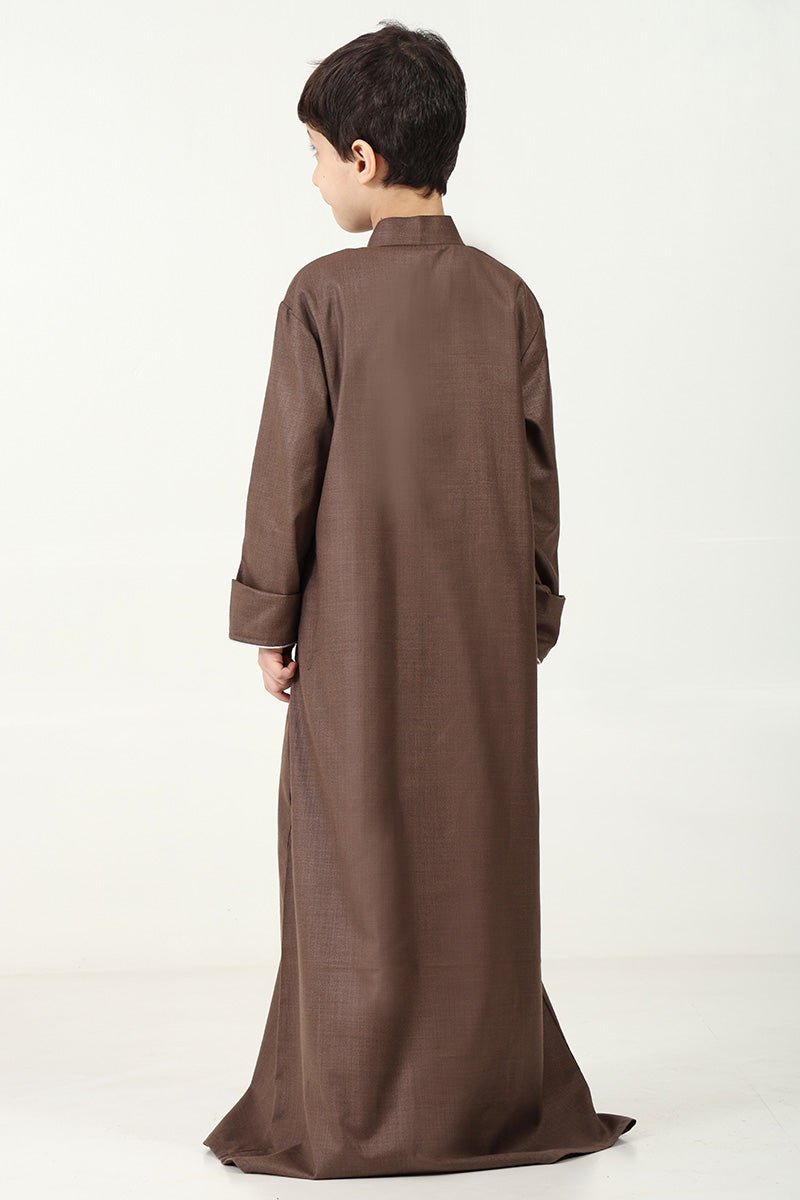 Boys' Brown Thobe with Silver Thread Trim - Premium Polyester Poplin Fabric for Eid, Ramadan & Special Occasions - Comfortable & Stylish Islamic Wear for Kids