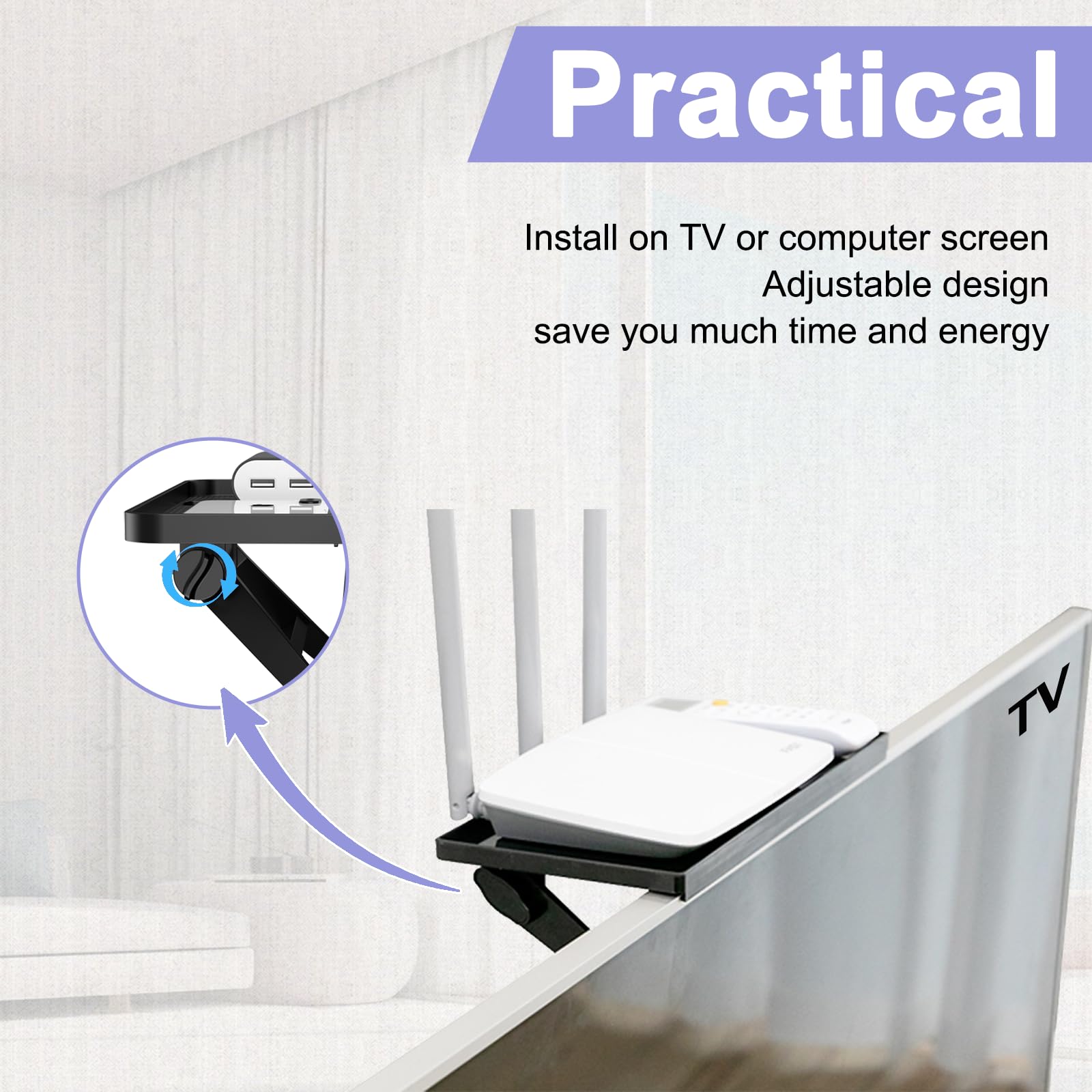 JXMTSPW TV Top Shelf Adjustable Monitor Stand - Dual Storage Bracket Tray for Computer Screen, Cellphone, Media Box, Game Console, Router, Speakers - Perfect for Home Office, Gaming Setup & Entertainment Center (Black, 2pcs)