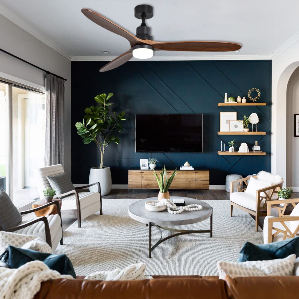 Sofucor 60 Inch Modern Ceiling Fan with Remote Control - Walnut Blades, Dimmable LED Light, Reversible DC Motor - Matte Black Wood Ceiling Fan for Kitchen, Bedroom, Living Room, Dining Room, Basement - Perfect for Home Cooling and Stylish Interior Lighting