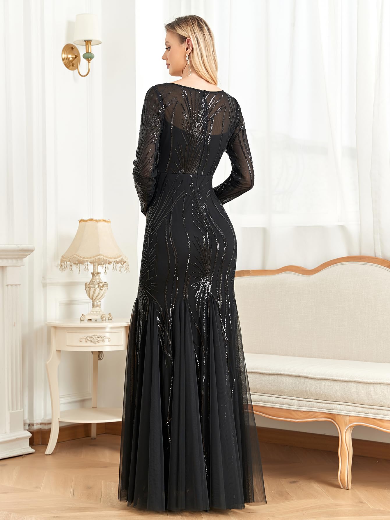 Elegant Long Sleeve Sequin Evening Gown - Sparkly Mermaid Dress for Wedding Guest, Mother of The Bride, Prom, Gala & Special Occasions