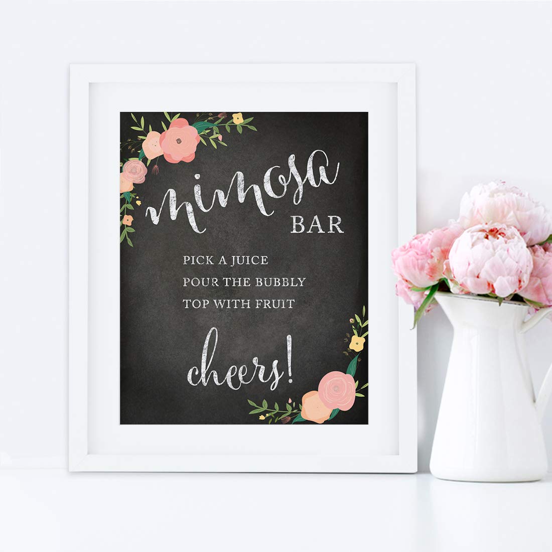 Elegant Andaz Press Wedding Party Signs - Pink Coral Floral Roses Chalkboard Design, 8.5x11 Inch, DIY Mimosa Bar Sign with 'Pick a Juice, Pour the Champagne Cheers!' Message, Perfect for Bridal Showers, Receptions & Dessert Tables (1-Pack)