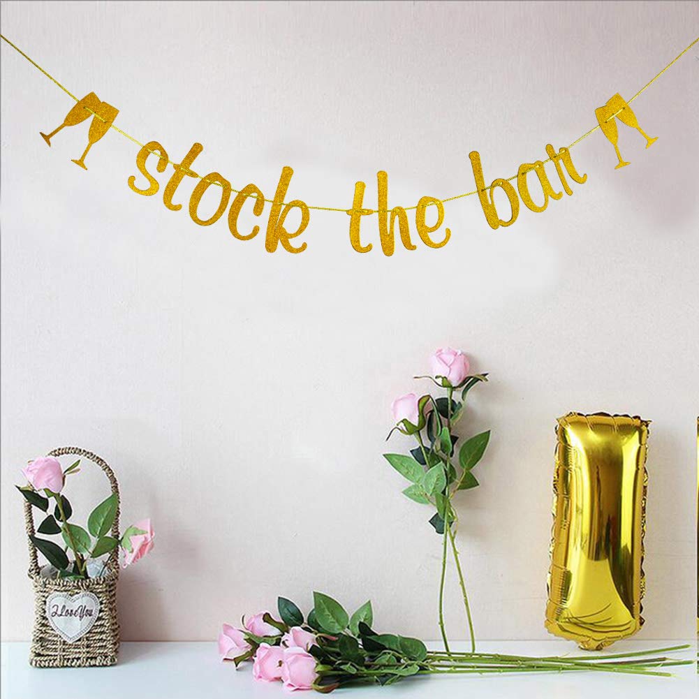 Stock the Bar Banner - Gold Glitter Bubbly Bar Decor Sign for Weddings, Birthdays, Bridal Showers & Bachelorette Parties | Perfect for Champagne Bars, Cocktail Stations & Celebration Backdrops