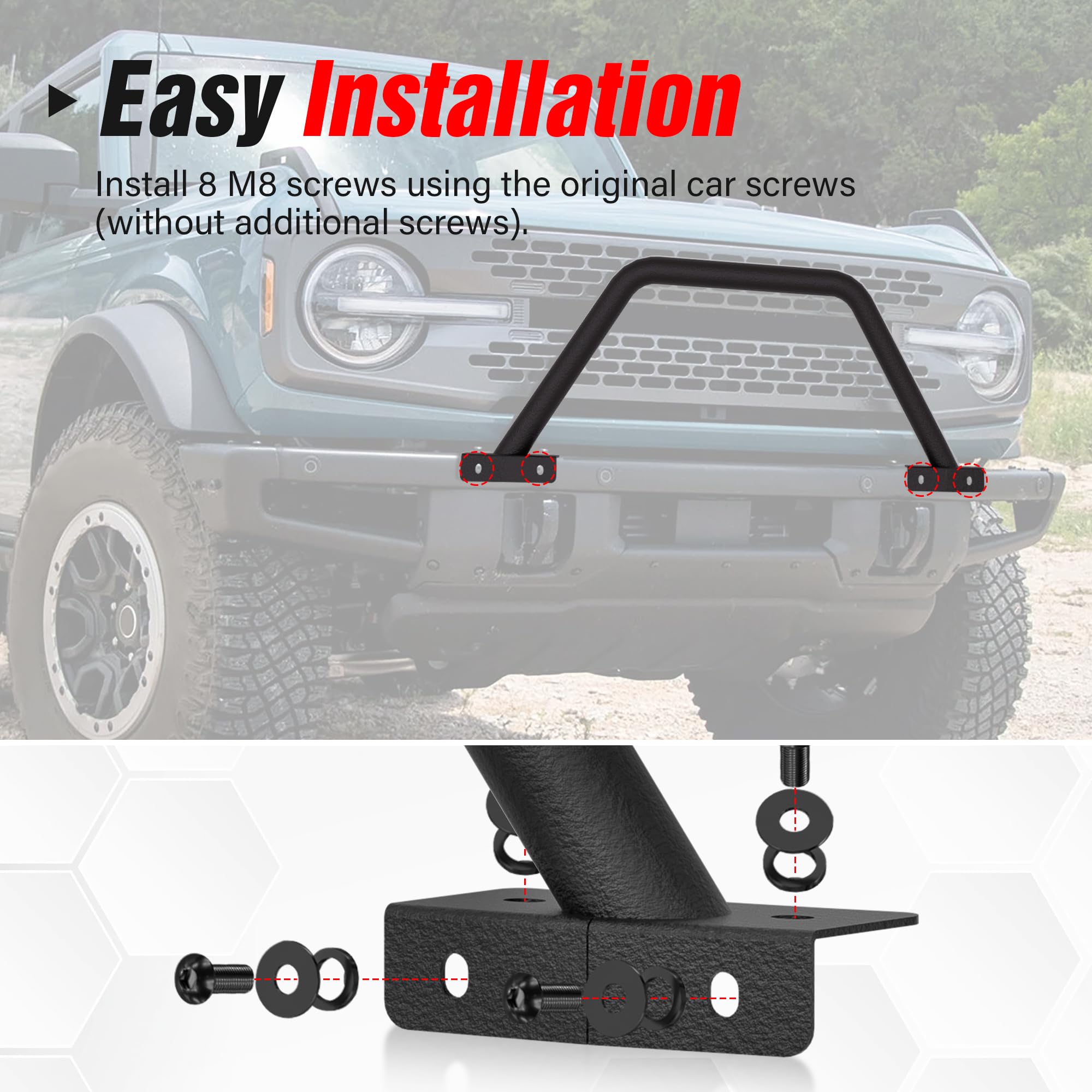Heavy Duty Bull Bar Grille Guard with LED Light Mount for 2021-2024 Ford Bronco 2/4 Door | Compatible with Modular Steel Front Bumper | Off-Road Bumper Rack Push Bar | Black Powder Coated | Perfect for Rock Crawling & Trail Adventures
