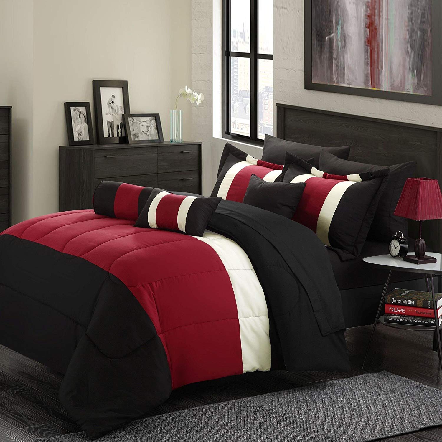 Empire Home 8-Piece King Size Oversized Comforter Set - Red & Black Luxury Bedding with Sheet Set for Master Bedroom & Guest Room Decor