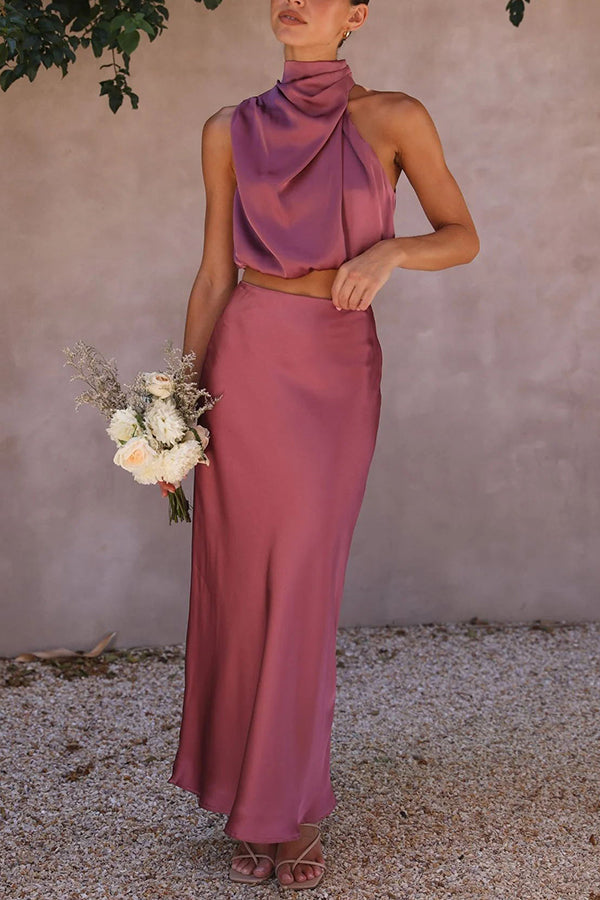 Such A Vibe Women's High Neck Satin Drape Maxi Skirt Set - Elegant Evening Dress for Parties, Weddings & Special Occasions