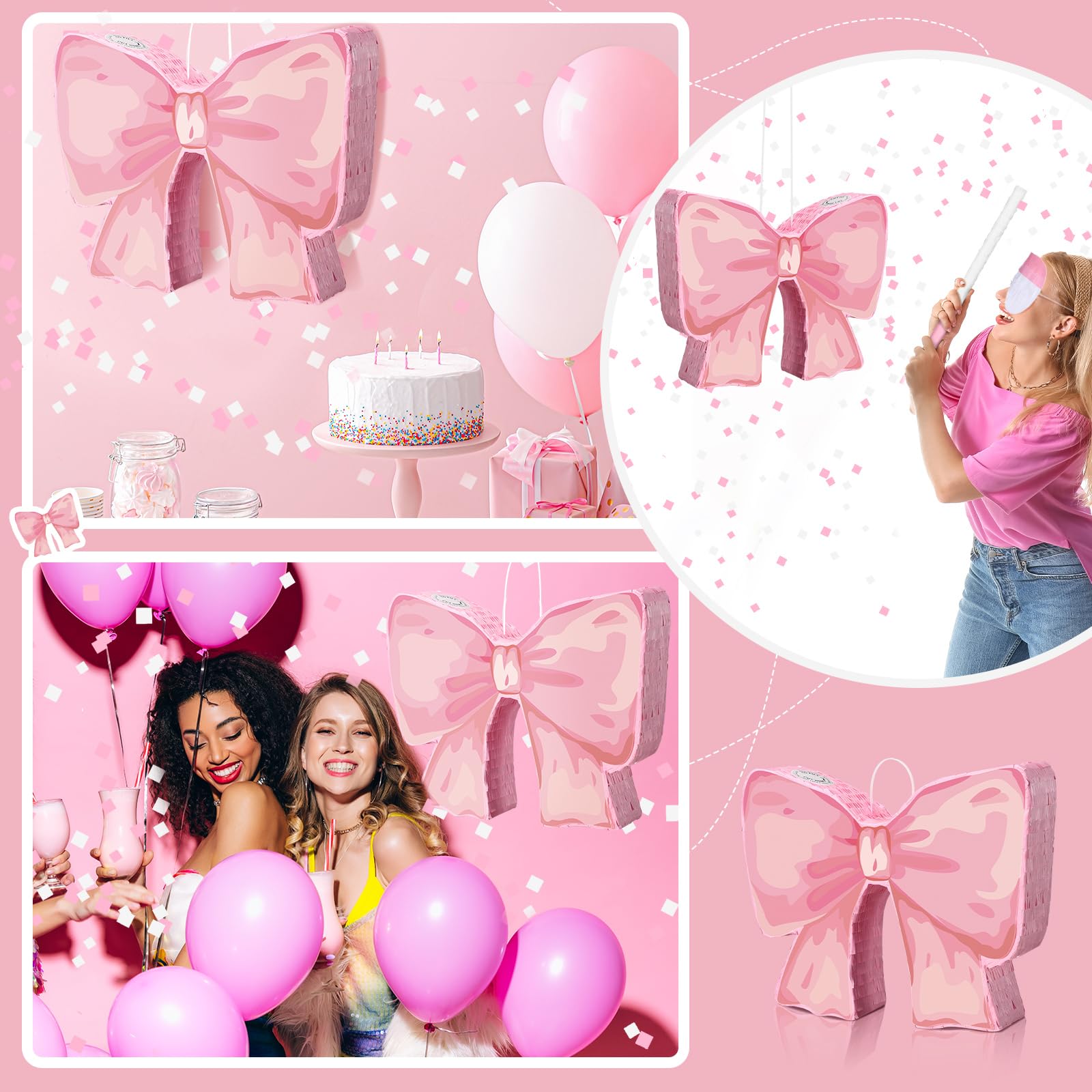 Coquette Pink Bow Pinata for Girls Birthday Party - Includes Blindfold, Bat & Confetti - Perfect for Birthday Decorations & Party Supplies | Great for Themed Parties, Baby Showers & Gender Reveals