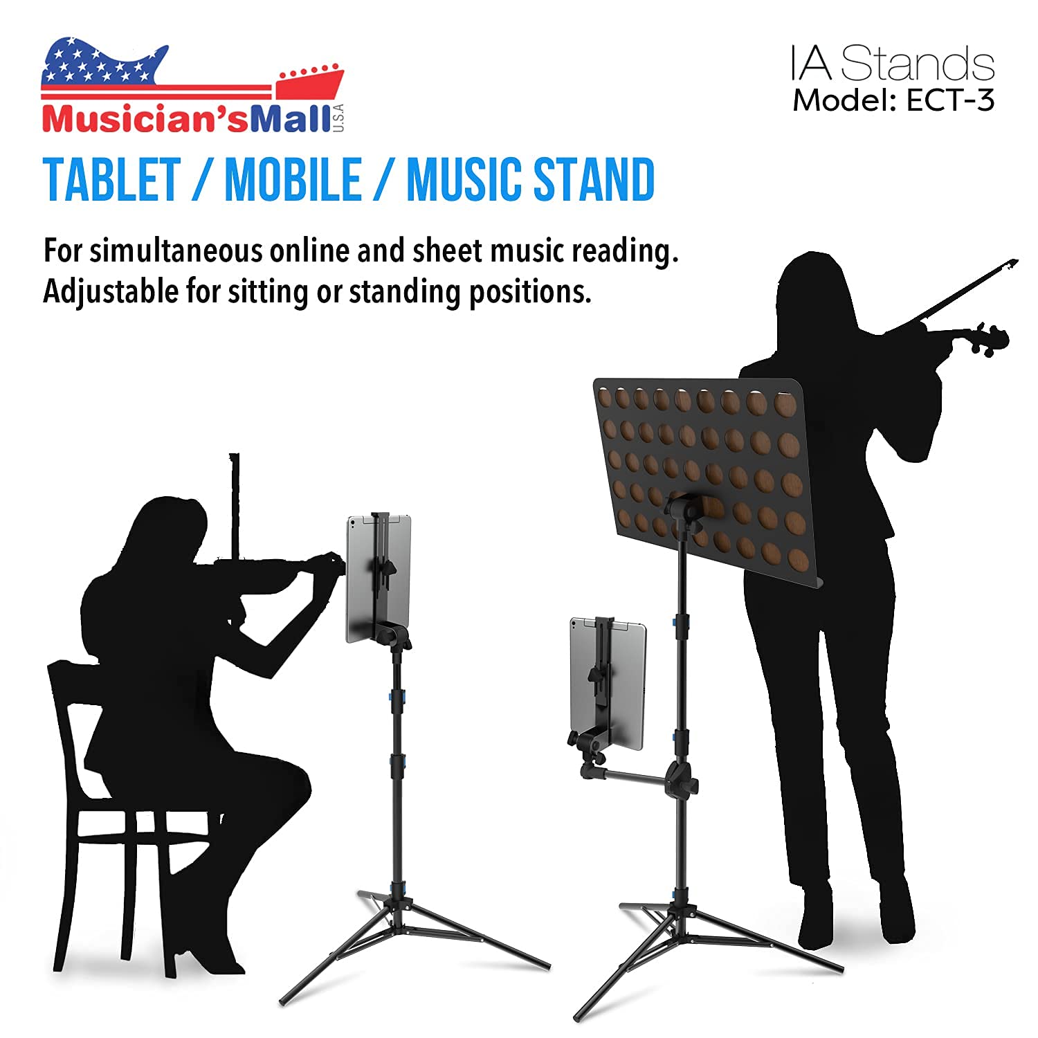 ECT3 Adjustable Music Sheet & Tablet Tripod Stand with Interchangeable Holder - Perfect for Musicians, Performers & Digital Sheet Music Readers