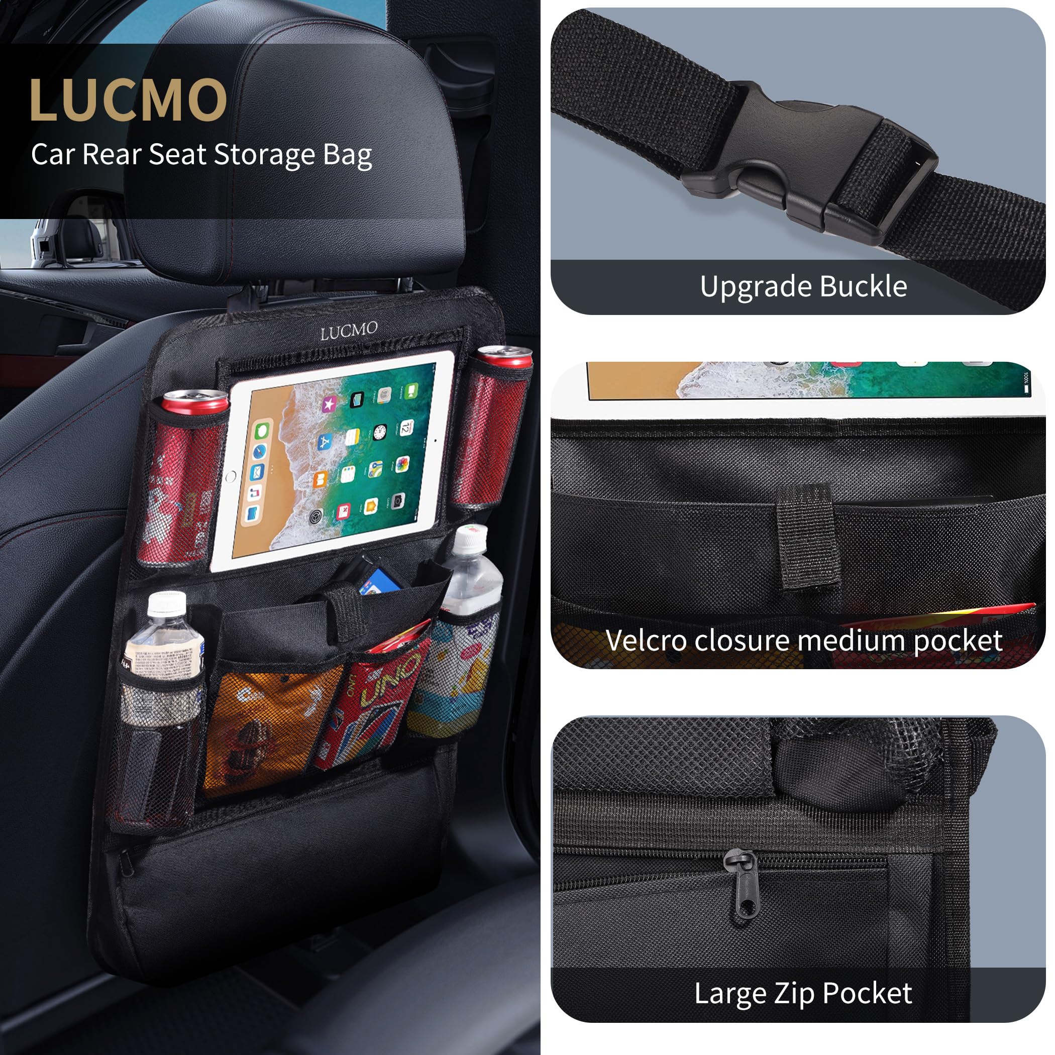 LUCMO 2-Pack Car Backseat Organizer with Tablet Holder - 9 Storage Pockets, Kick-Proof Protector & Travel Accessories for Kids (Black) - Perfect for Road Trips, Family Vacations & Daily Commutes