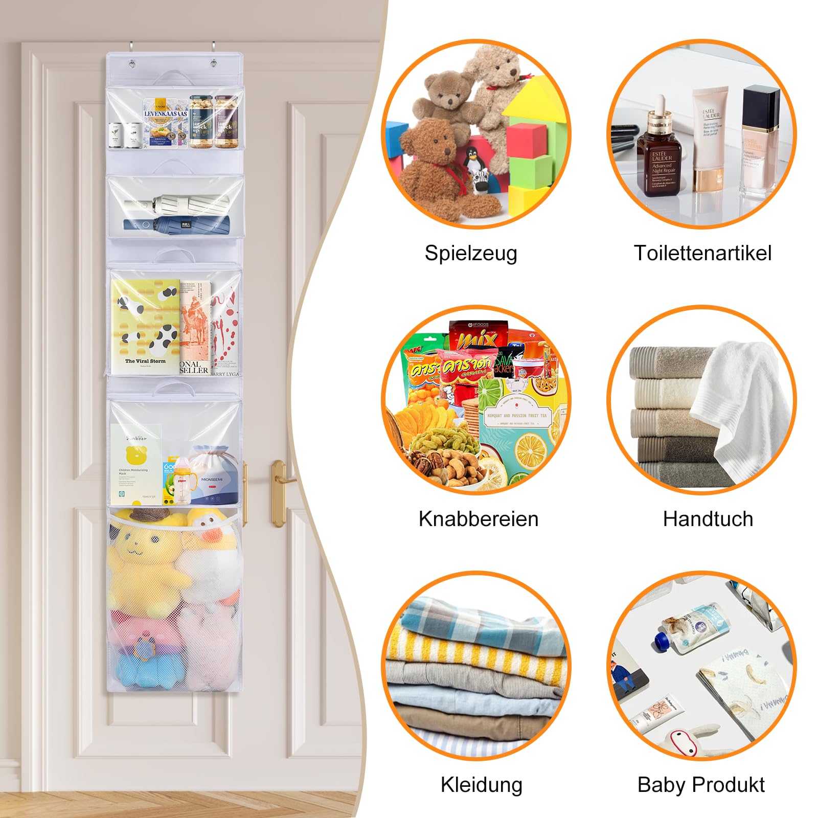 Over Door Organizer with 4 Clear Removable Pouches - Hanging Toy Storage for Stuffed Animals, Building Blocks & Puzzles - Kids Room & Playroom Closet Organization Solution - Perfect for Nursery, Daycare & Home Organization