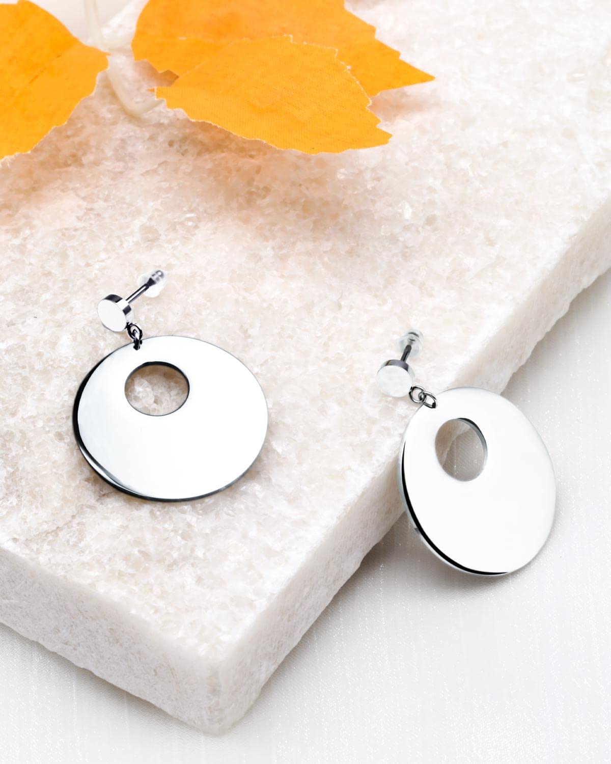 Hypoallergenic 316L Surgical Steel Titanium Disc Earrings for Women - Silver Tone Round Drop Earrings with Center Hole - Perfect for Sensitive Ears & Everyday Wear