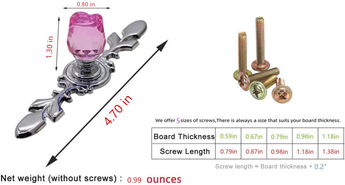 4 Pack Rose Flower Clear Crystal Glass Drawer Knobs with Plates & Screws - Small Pink Cabinet Pull Handles for Dresser, Cupboard, Kitchen & Office Decoration | Elegant Home Upgrade & DIY Furniture Makeover