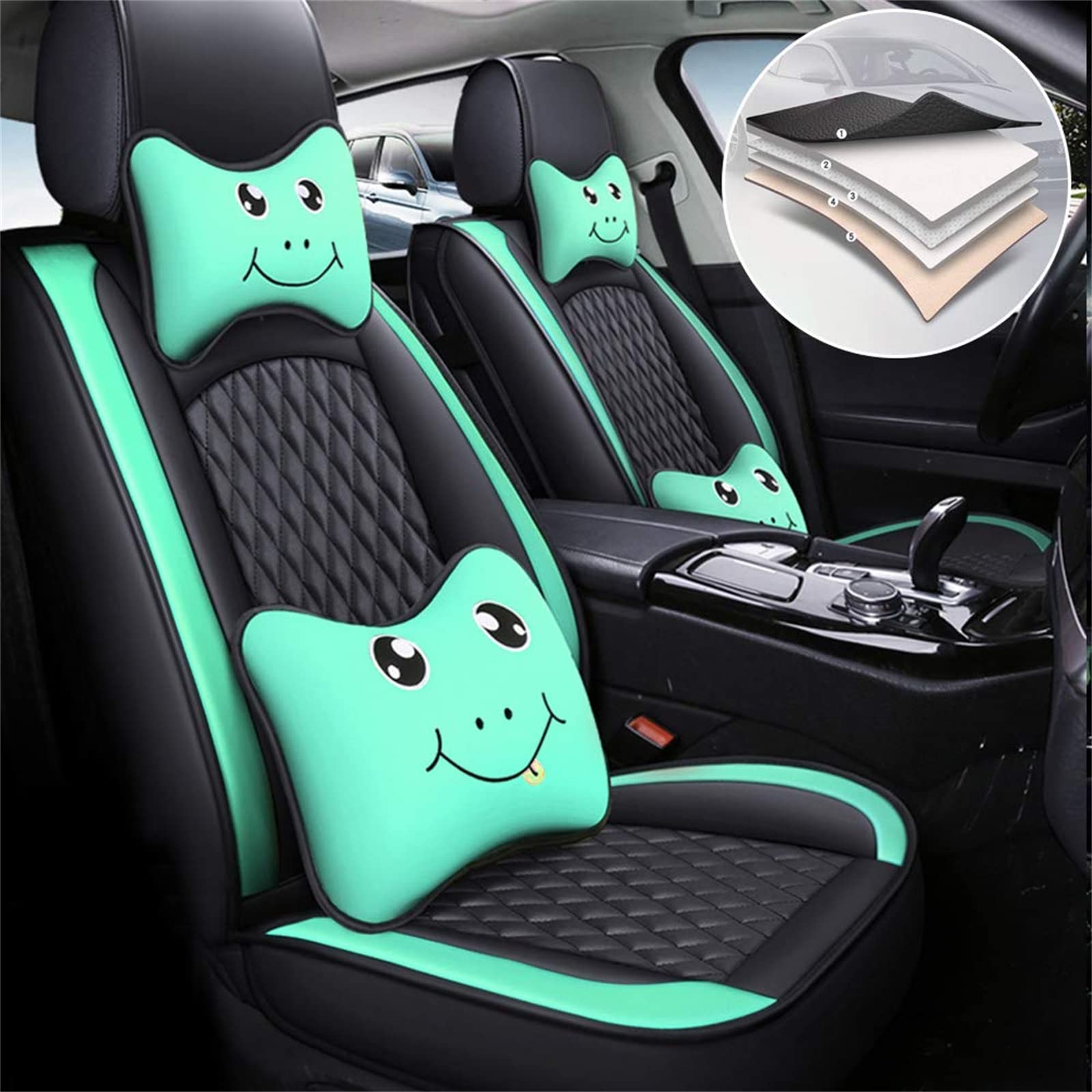 Premium Car Seat Covers for Subaru WRX BRZ Impreza Legacy Crosstrek Forester - All-Weather, Airbag Compatible, Waterproof Leatherette with Cartoon Black & Green Design - Perfect for Daily Commute, Road Trips & Outdoor Adventures
