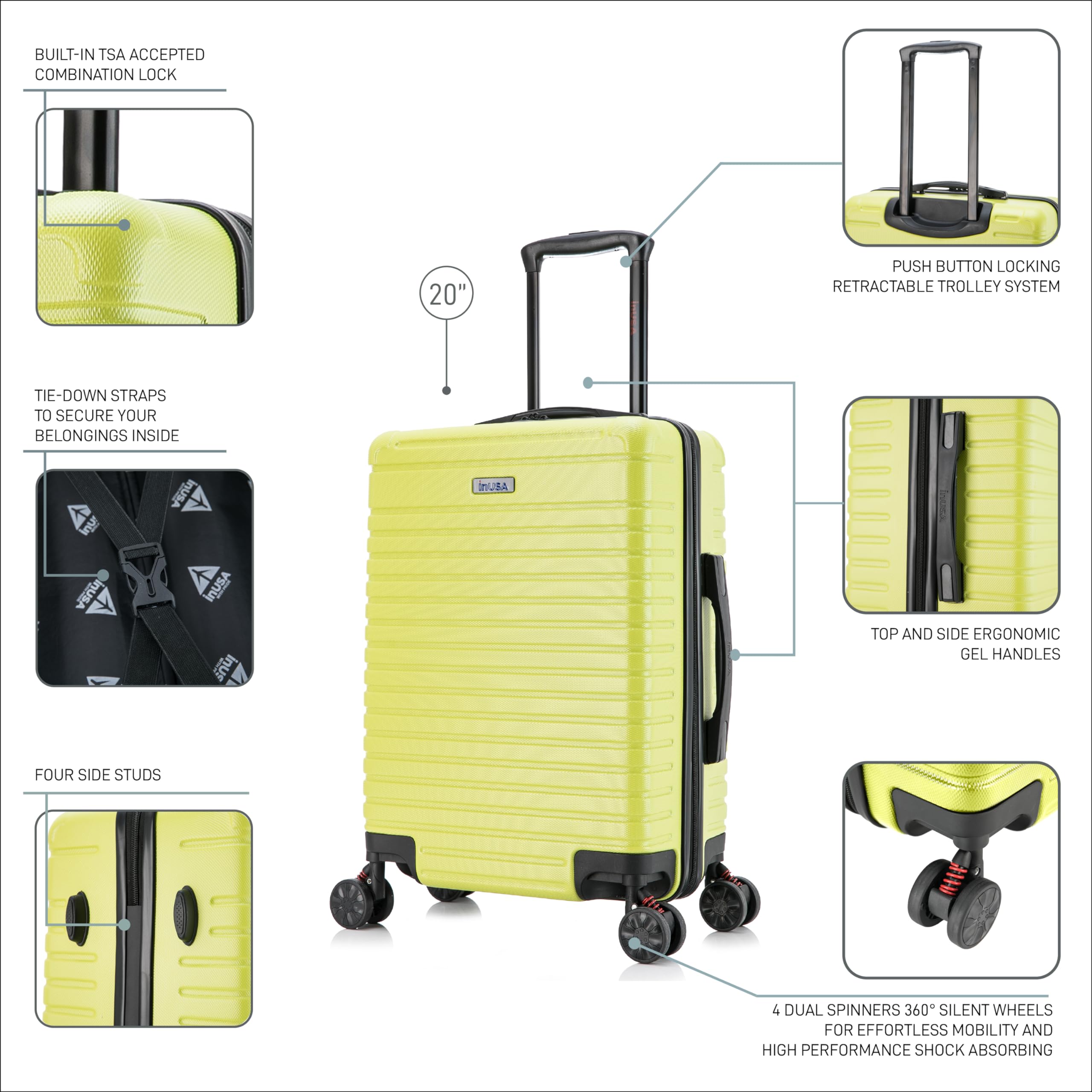 InUSA DEEP 20 Inch Carry On Hardside Luggage with GEL Handle - Spinner Wheels & Studs | Lightweight Travel Suitcase for Business Trips & Vacations | Perfect for Airplane Cabin & Weekend Getaways