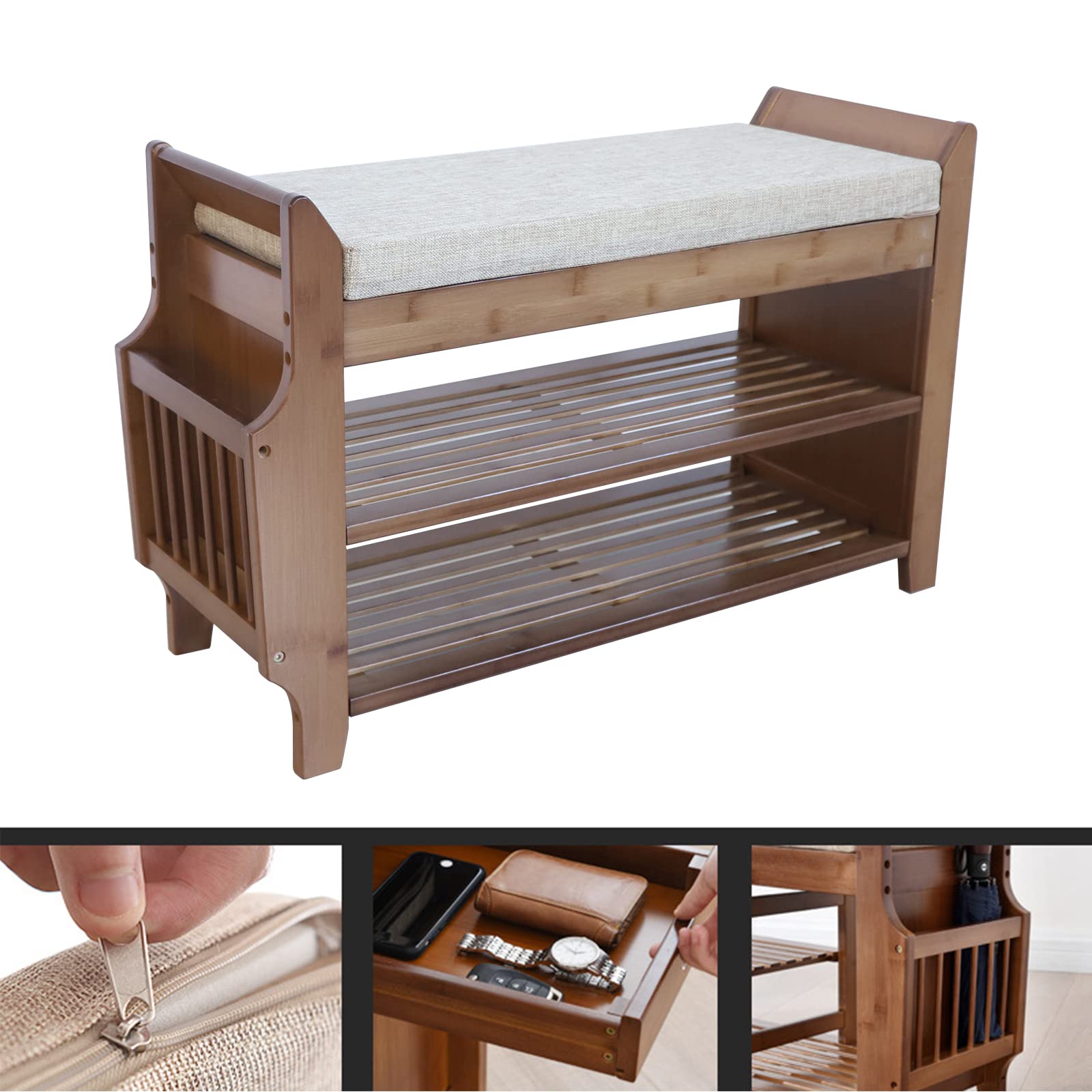 2-Tier Bamboo Shoe Bench with Sponge Cushion & Storage Basket - Holds 6 Pairs of Shoes - Entryway Organizer for Living Room, Hallway & Home Decor - Brown Wooden Shoe Rack for Entry, Bedroom & Closet Storage