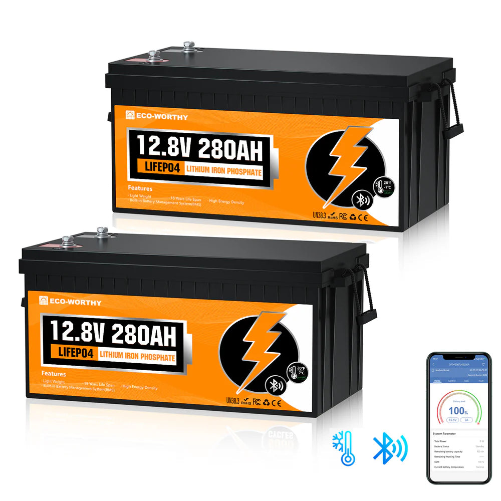 ECO WORTHY 12V 280Ah LiFePO4 Lithium Iron Phosphate Battery with Bluetooth - Perfect for Solar Power Systems, RVs, Marine Applications & Off-Grid Energy Storage