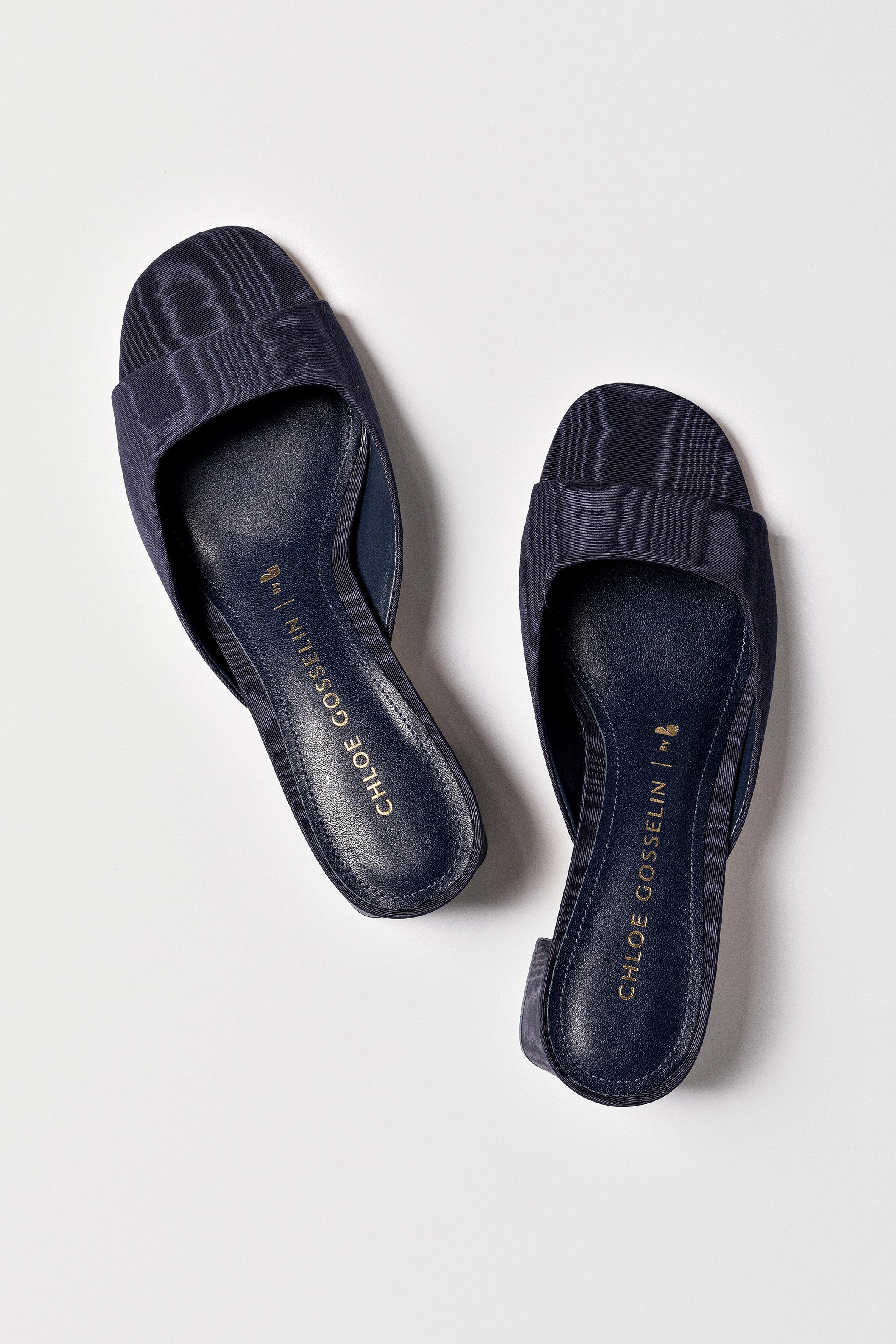 Chloe Gosselin by Larroudé Anah Mule Shoes - Navy Blue Fabric Slides for Women | Comfortable Summer Casual & Beach Wear
